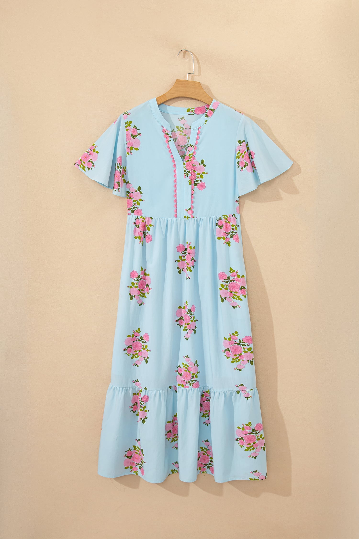 Sky Blue Notched Neck Flutter Short Sleeve Floral Print Maxi Dress