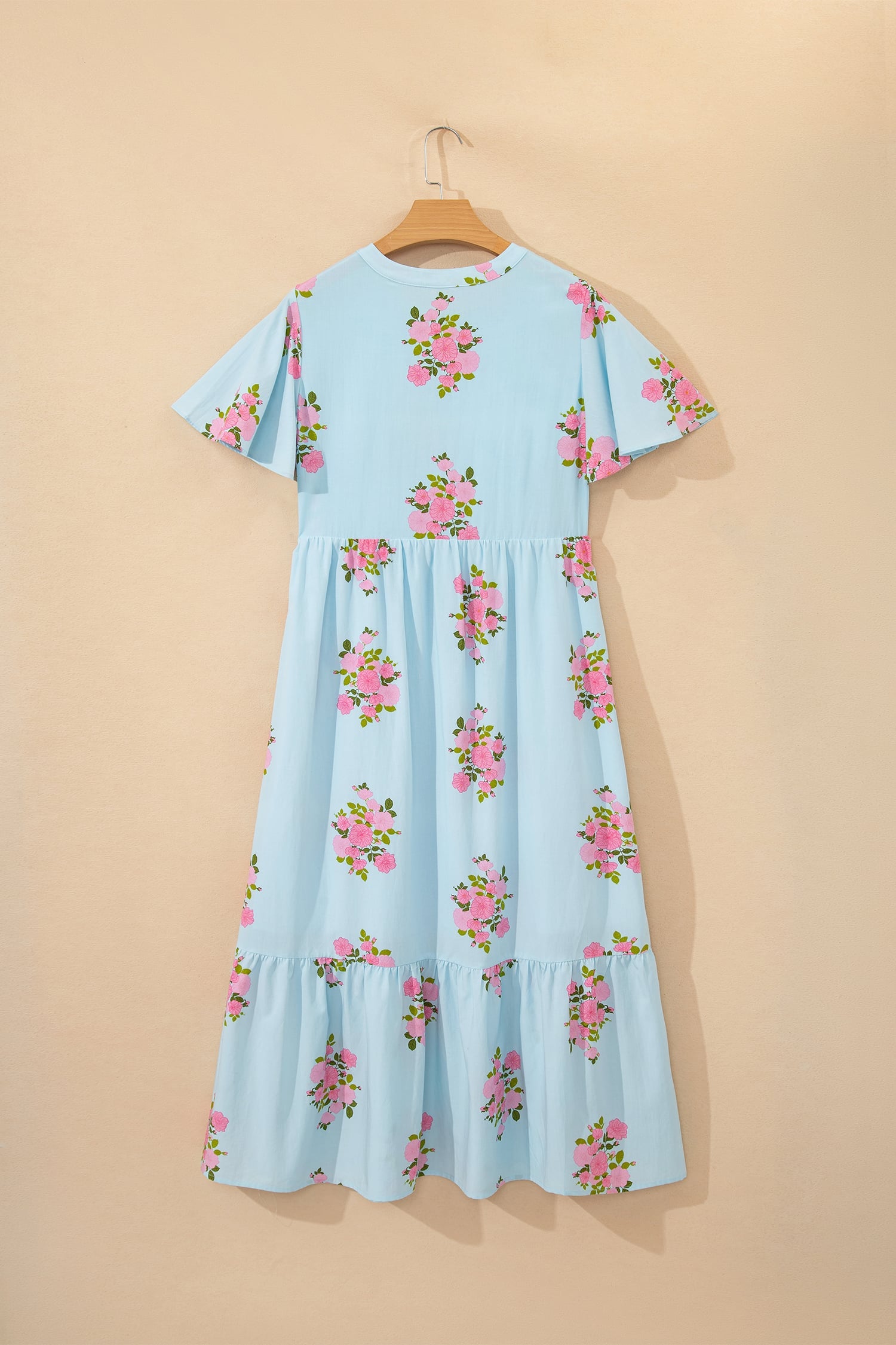 Sky Blue Notched Neck Flutter Short Sleeve Floral Print Maxi Dress