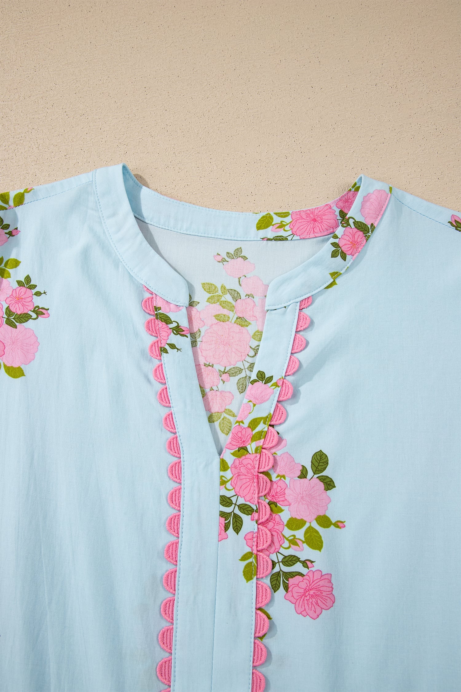 Sky Blue Notched Neck Flutter Short Sleeve Floral Print Maxi Dress