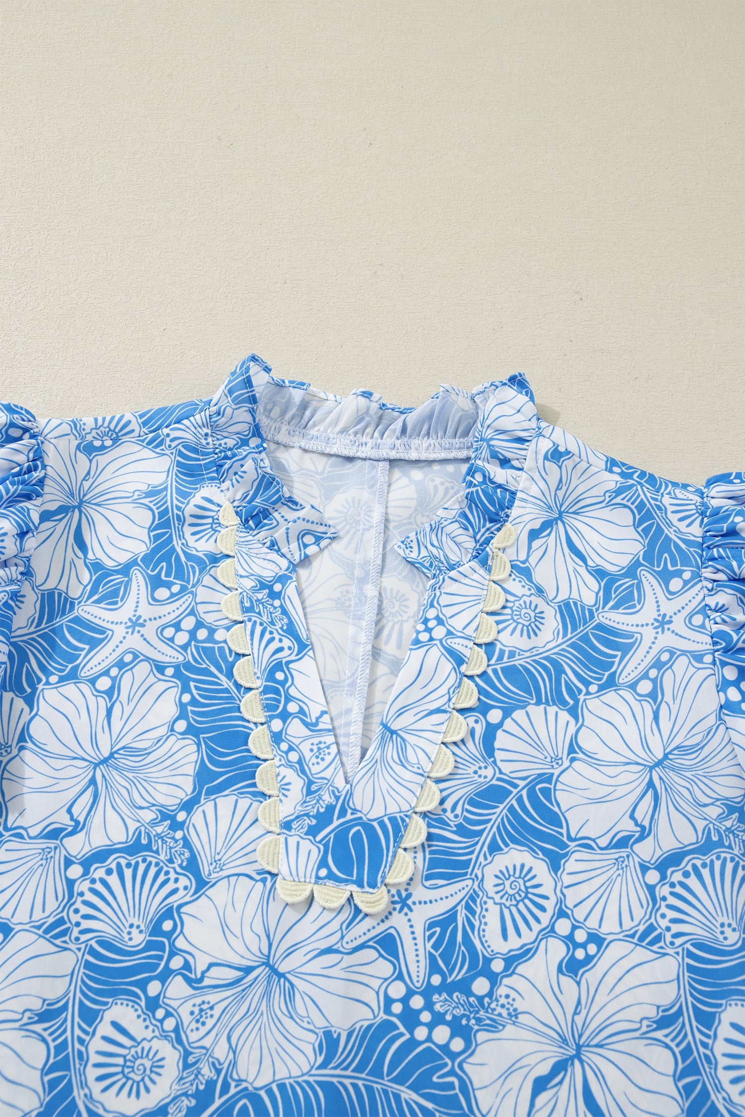 Sky Blue Oceanic Floral Print Scalloped Trim V Neck Short Sleeve Blouse