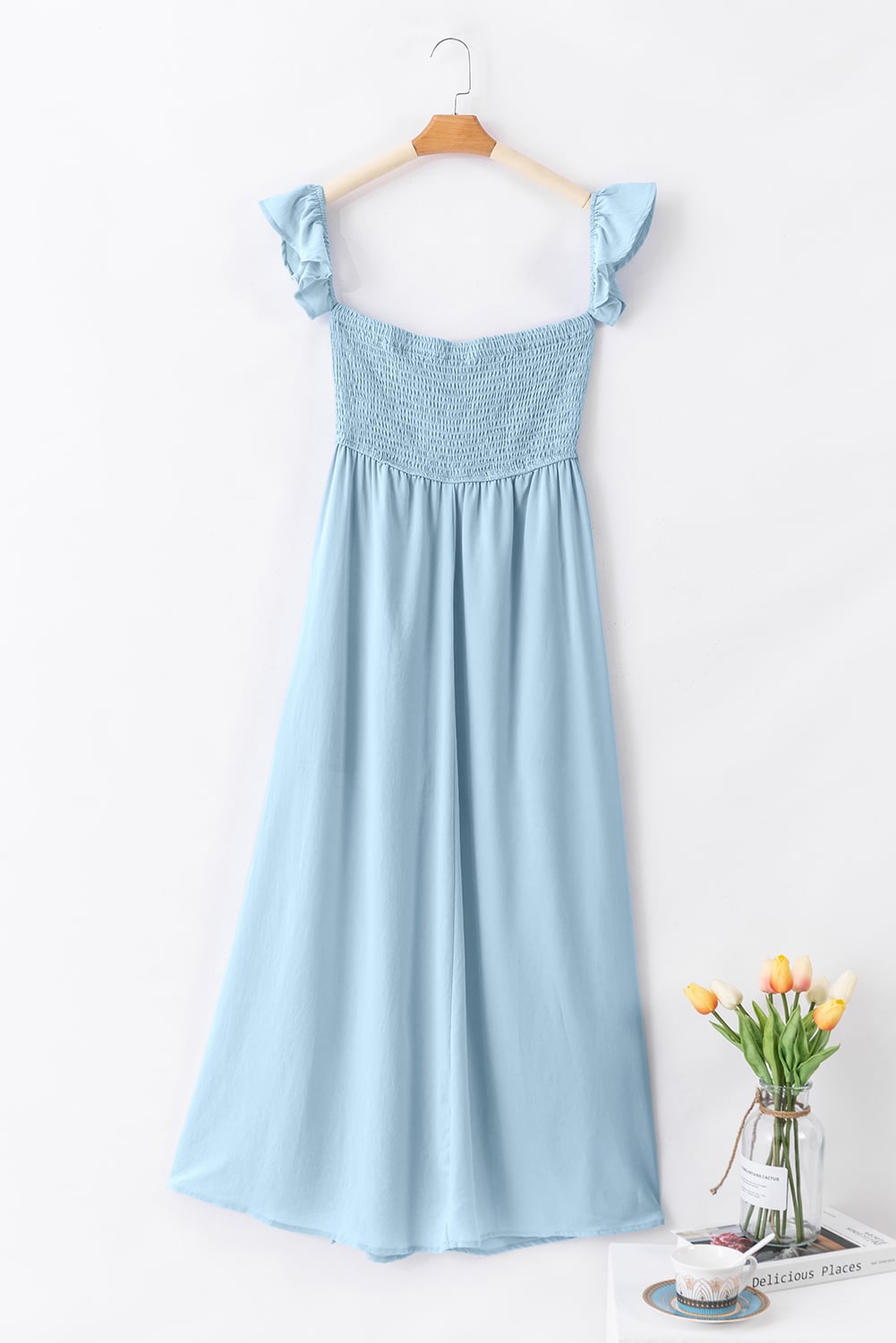 Sky Blue Off Shoulder Ruched Bust Sheer Slit Maxi Dress