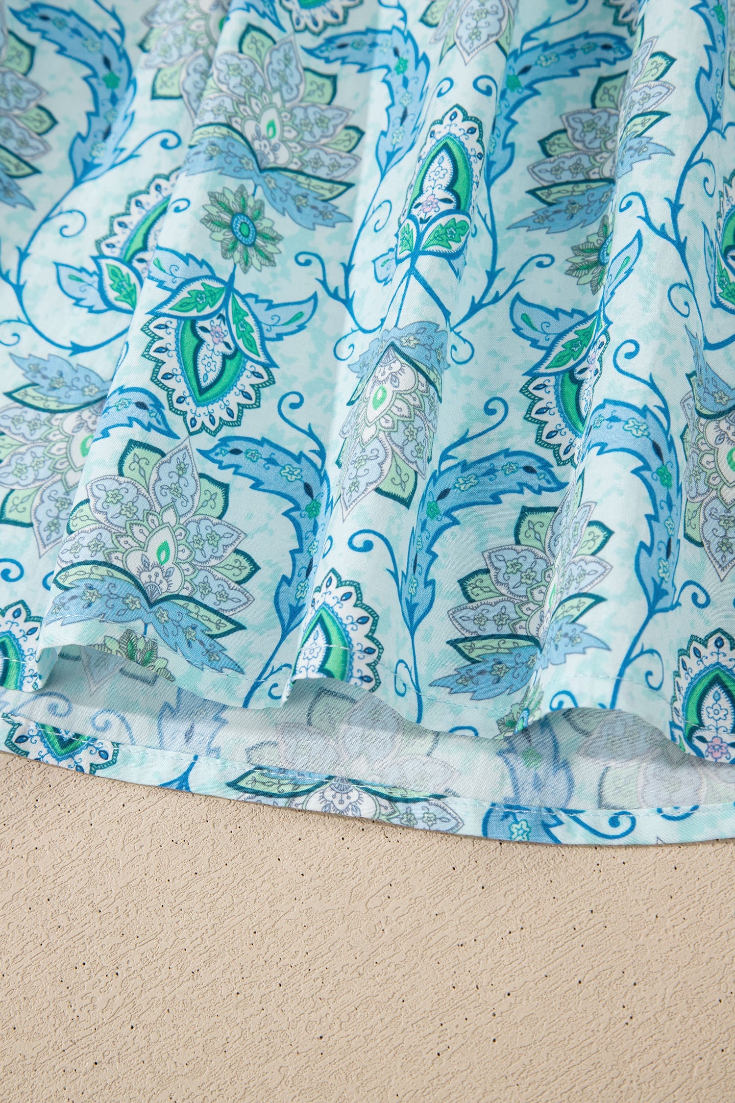 Sky Blue Paisley Print Puff Sleeve Loose Shirt