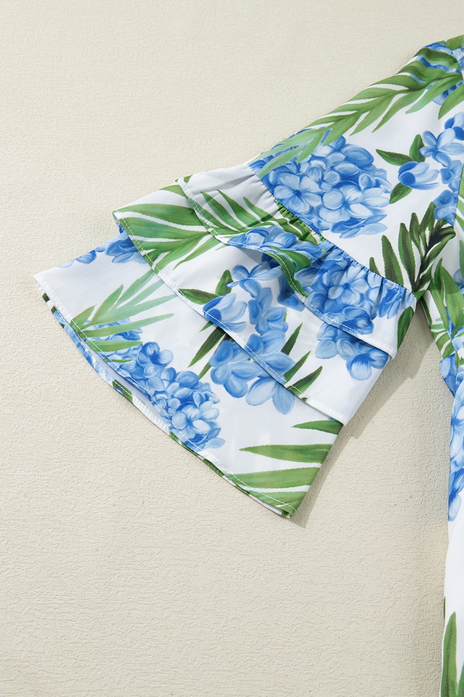 Sky Blue Palm Floral Print Contrast Ribbon Knot Ruffle Tiered Sleeve Mini Dress