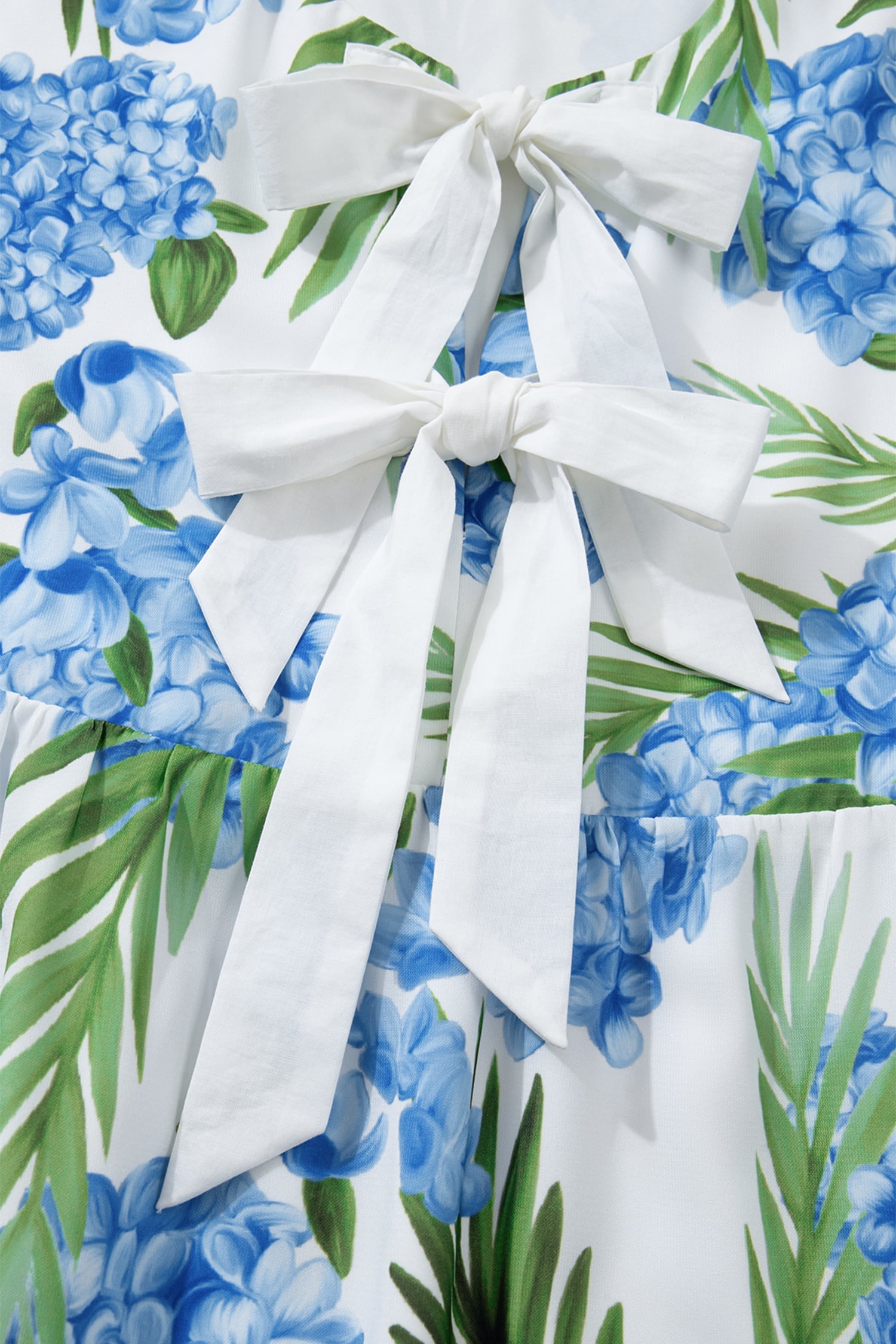 Sky Blue Palm Floral Print Contrast Ribbon Knot Ruffle Tiered Sleeve Mini Dress