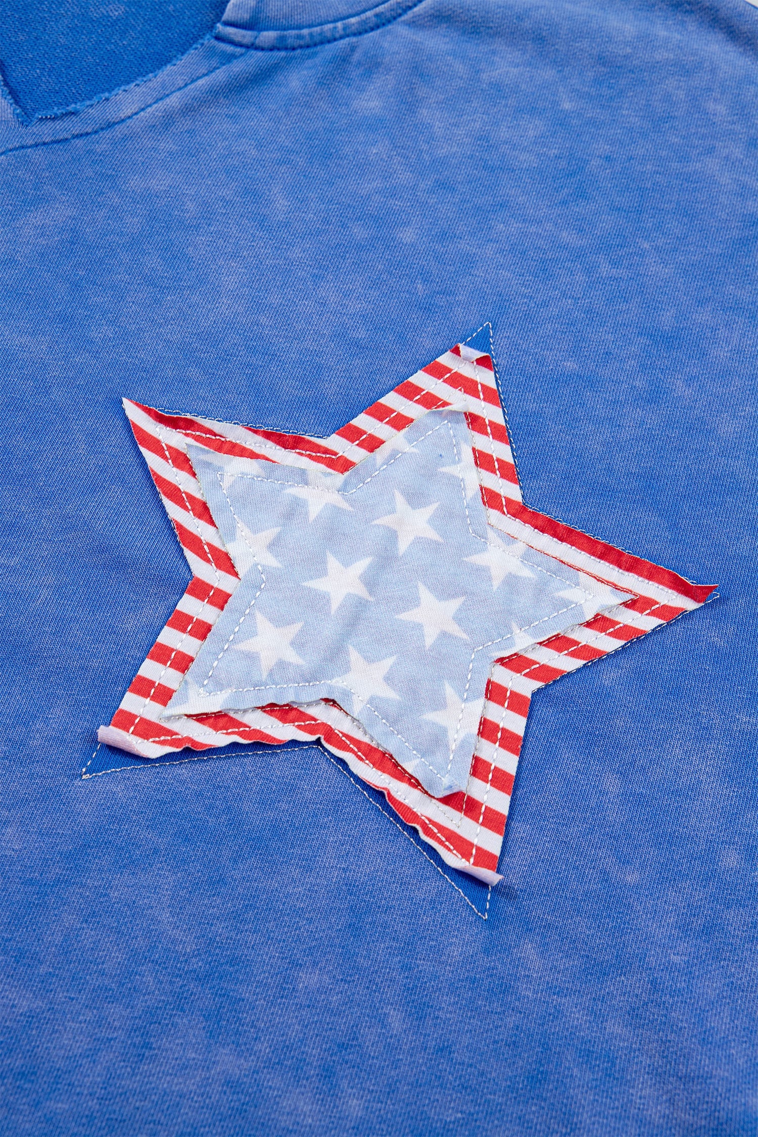 Sky Blue Patriot Star Patched Notched Neck Mineral Washed Tee