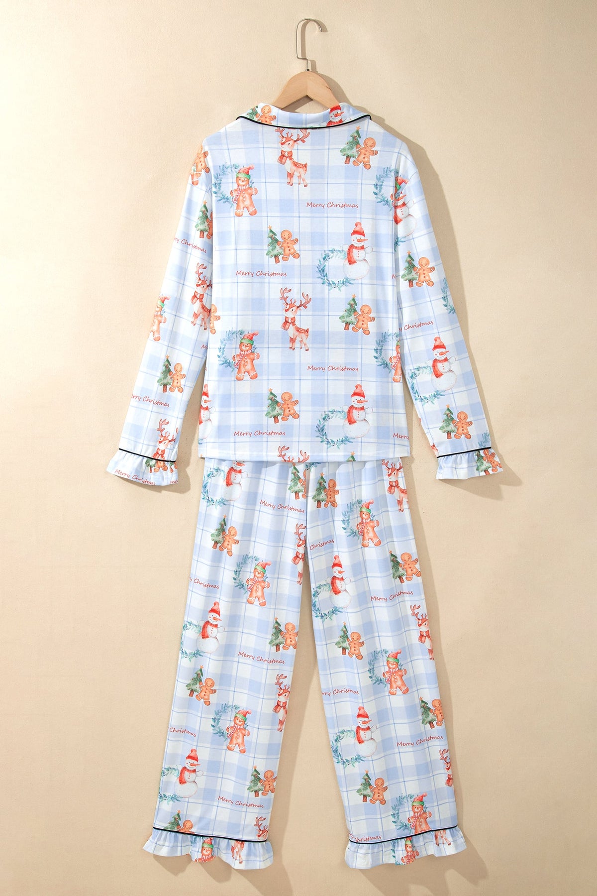 Sky Blue Plaid Cartoon Christmas Pattern Shirt Top 2pcs Pajama Set