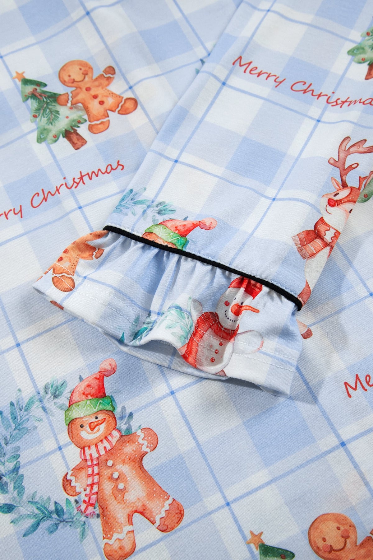Sky Blue Plaid Cartoon Christmas Pattern Shirt Top 2pcs Pajama Set