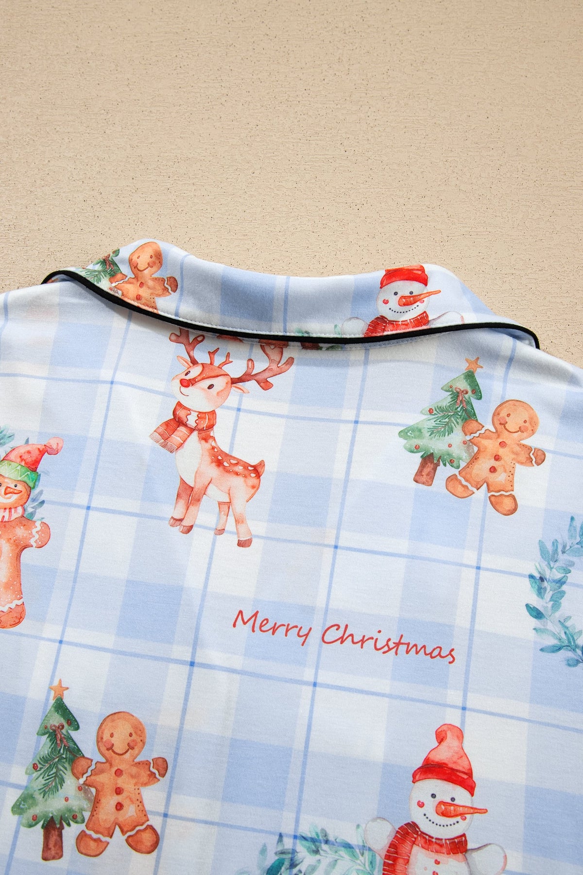 Sky Blue Plaid Cartoon Christmas Pattern Shirt Top 2pcs Pajama Set