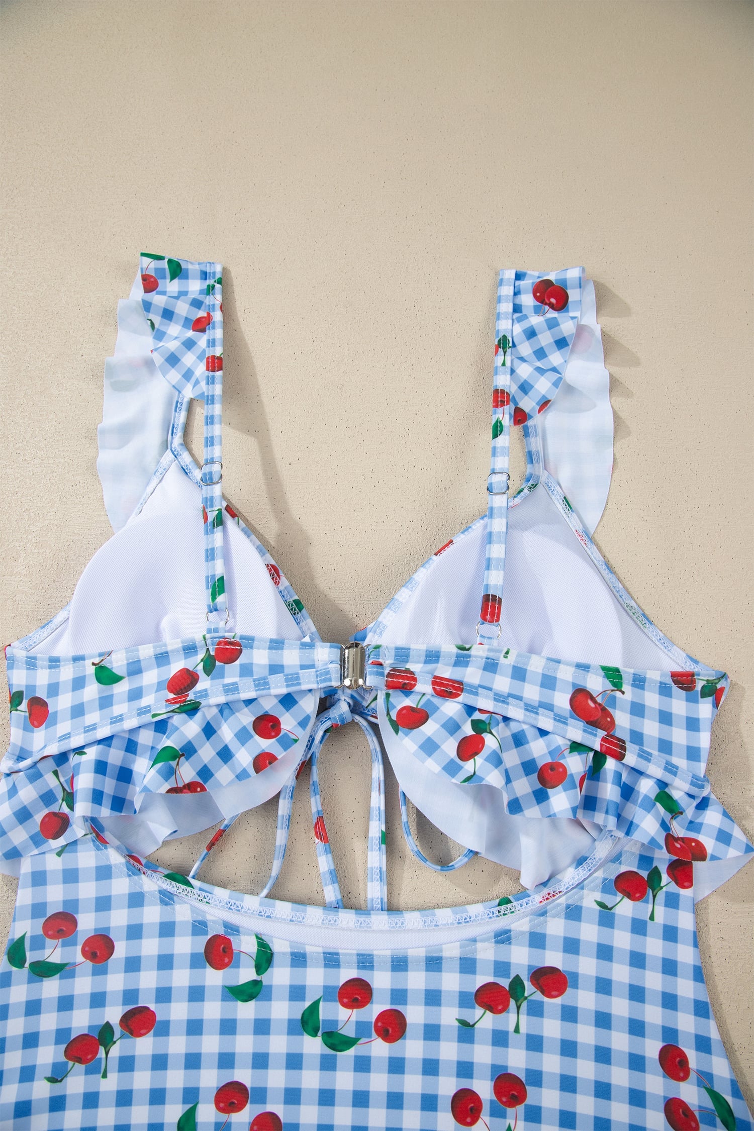 Sky Blue Plaid Cherry Print Ruffle Trim Tie Front Cutout High Waist Monokini