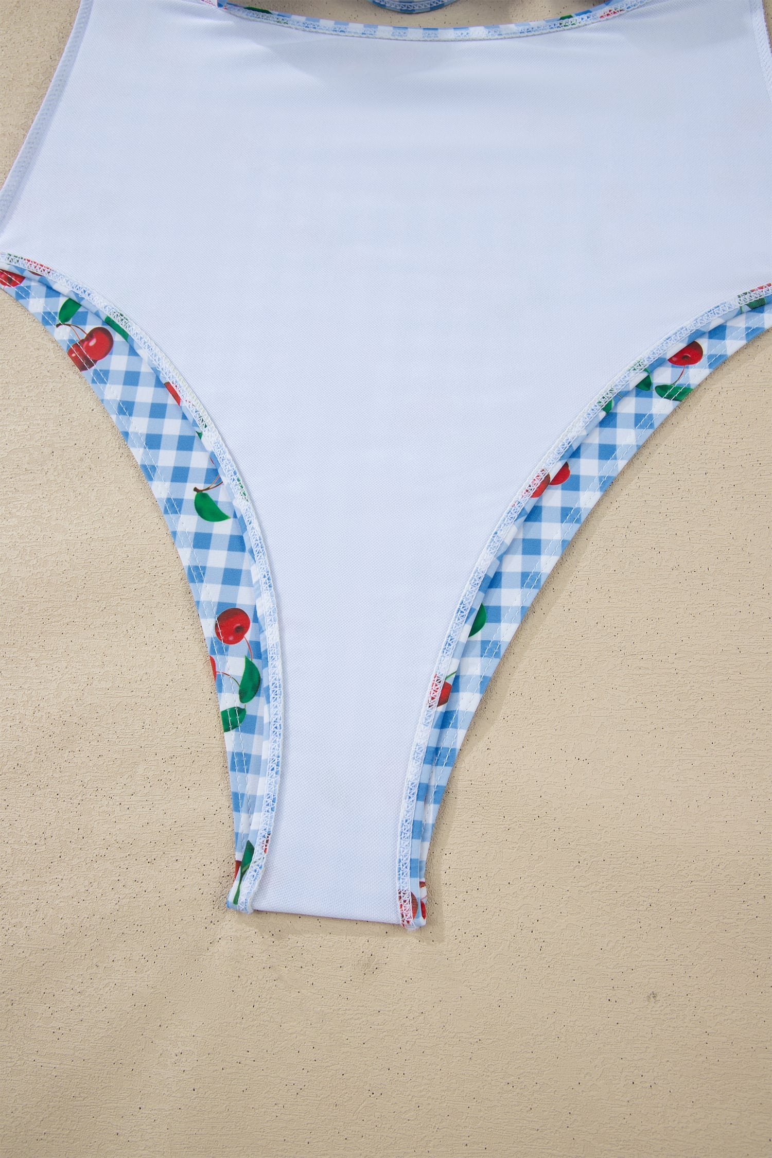 Sky Blue Plaid Cherry Print Ruffle Trim Tie Front Cutout High Waist Monokini