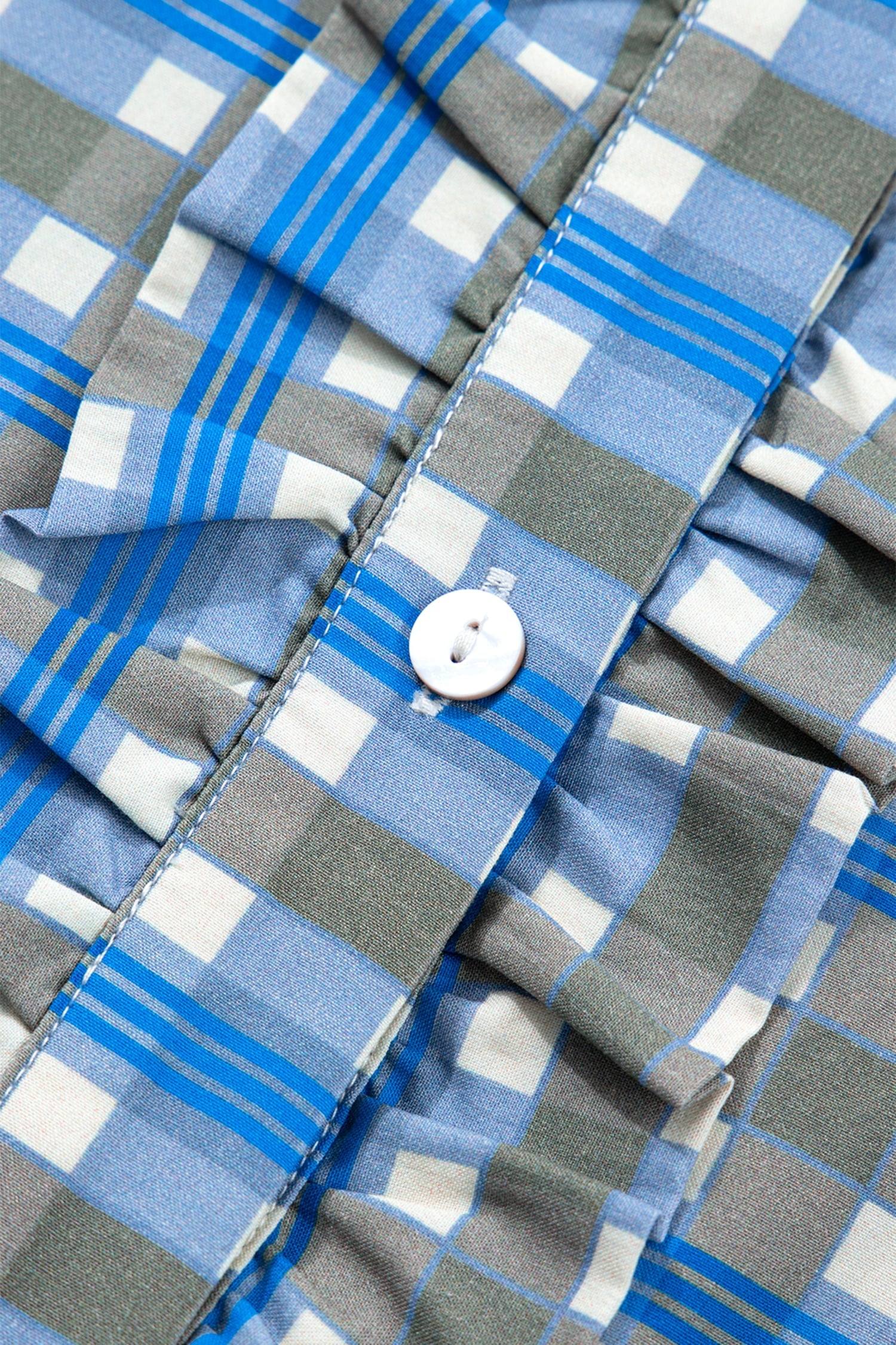 Sky Blue Plaid Long Sleeve Frilled Detail Half Button Blouse