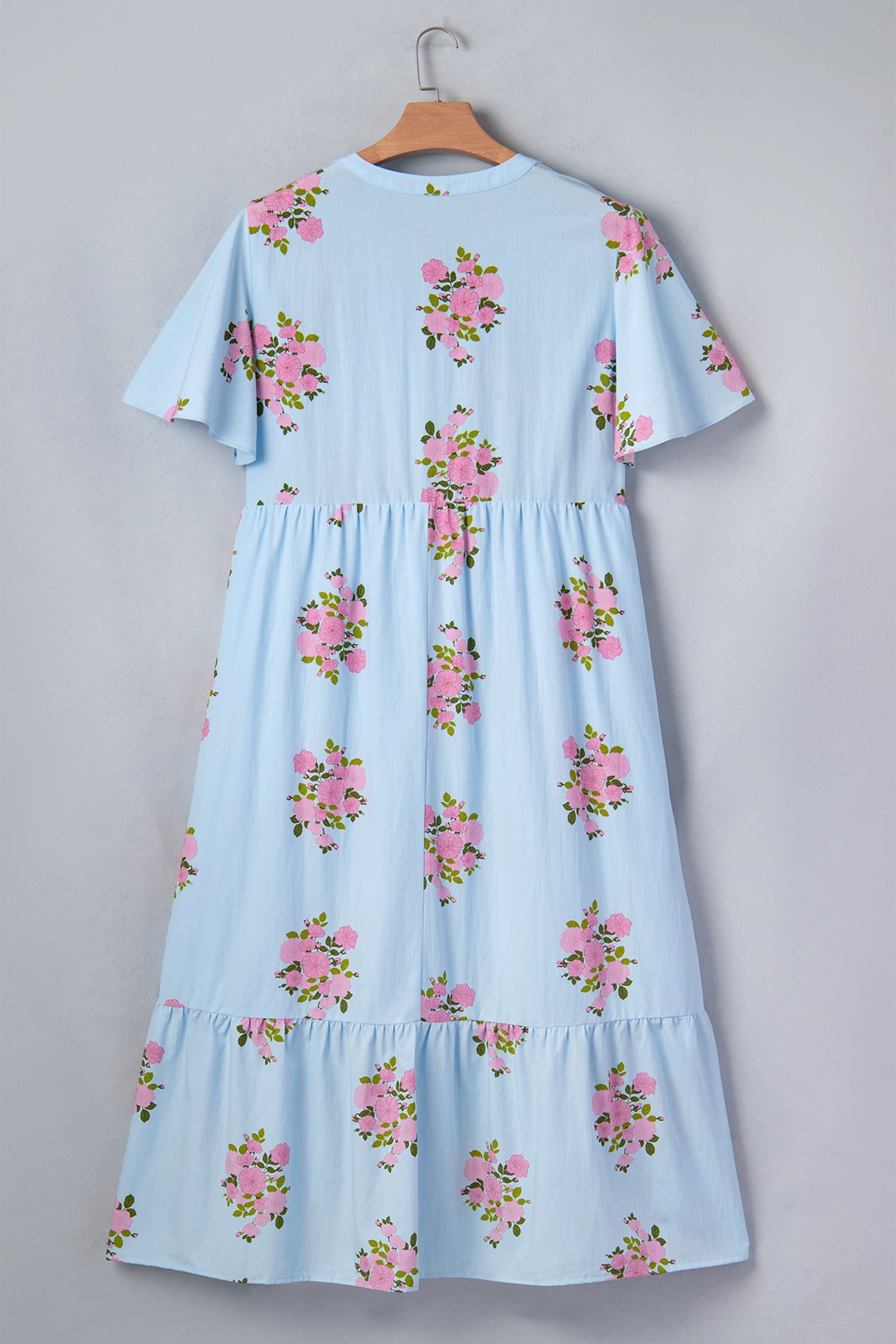 Sky Blue Plus Size Floral Print Scalloped Trim V-Neck Dress