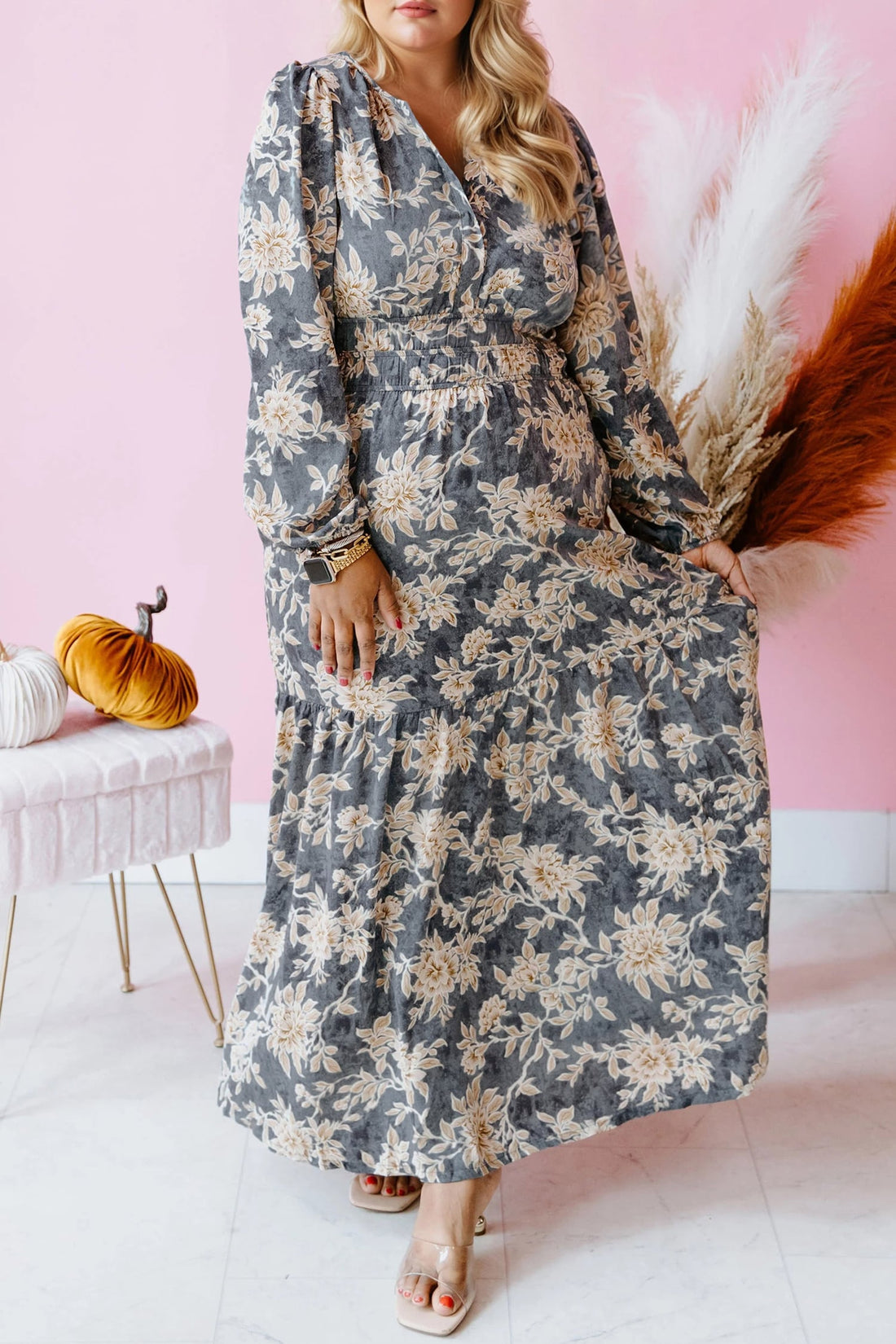 Sky Blue Plus Size Floral Print Split Neck Shirred High Waist Long Sleeve Maxi Dress