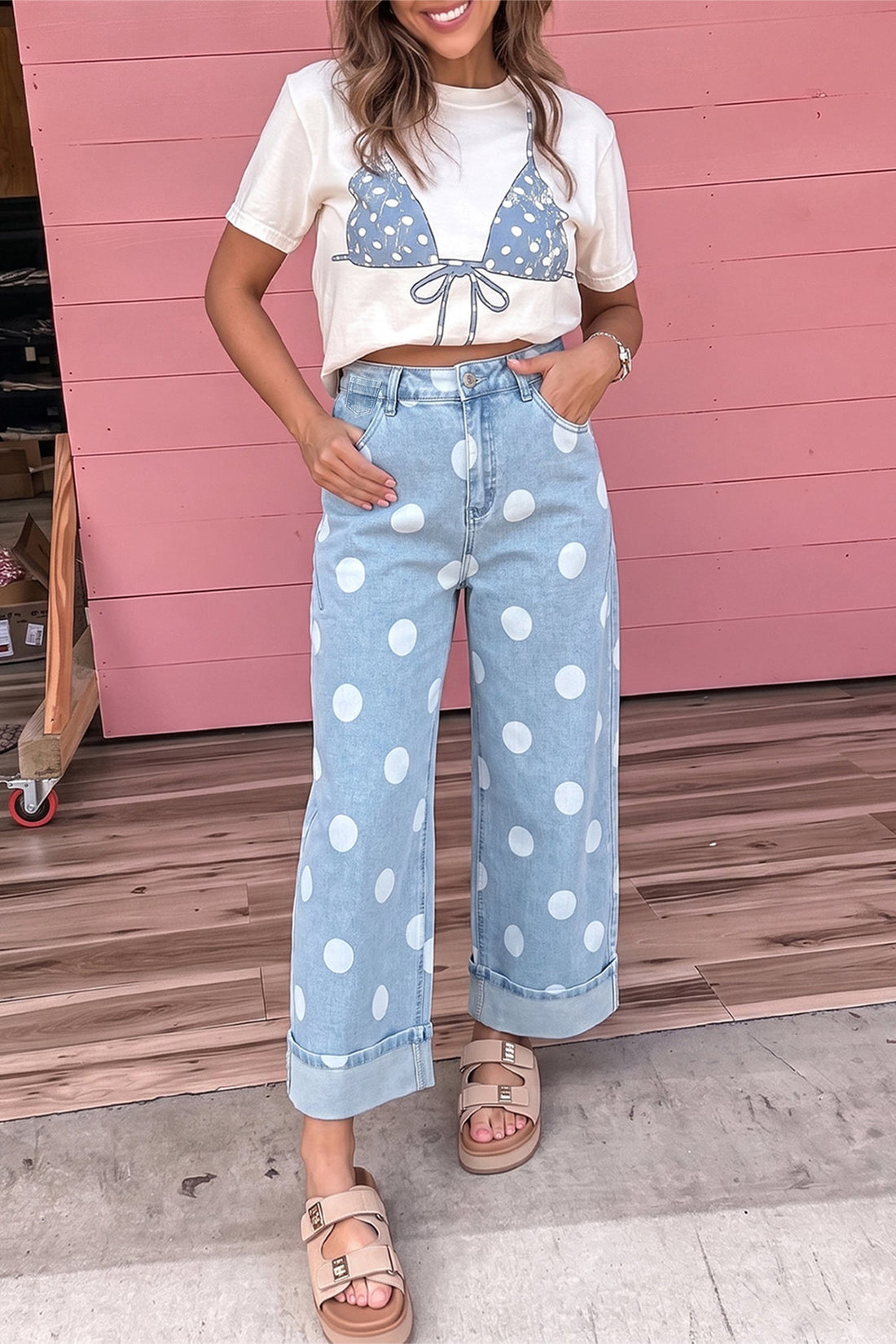 Sky Blue Polka Dot Ankle-Length Metal Button Casual Jeans