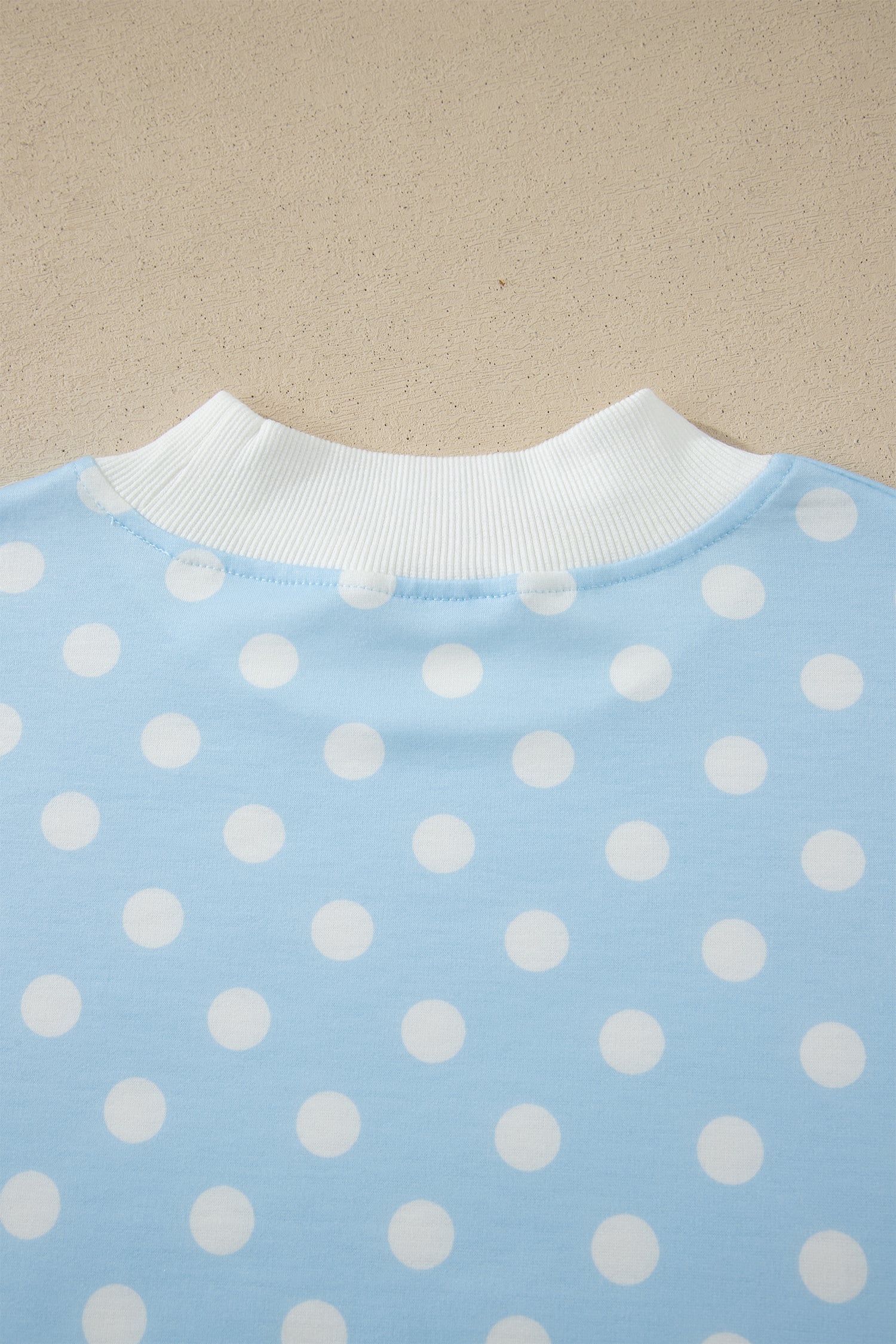 Sky Blue Polka Dot Print Color Block Trim Mock Neck Short Set