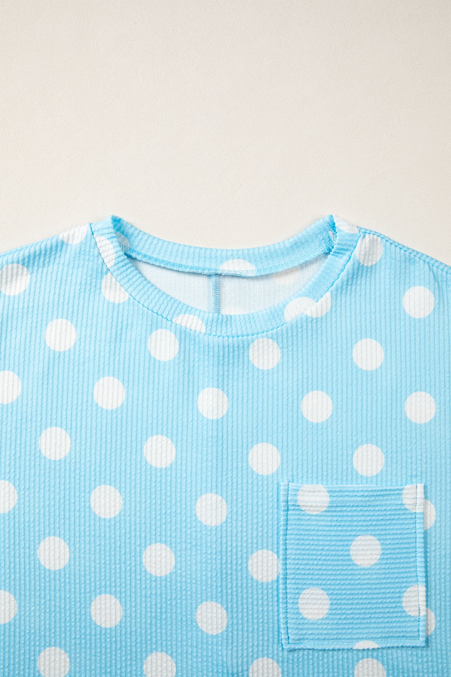 Sky Blue Polka Dot Patch Pocket Twisted Ribbed Top