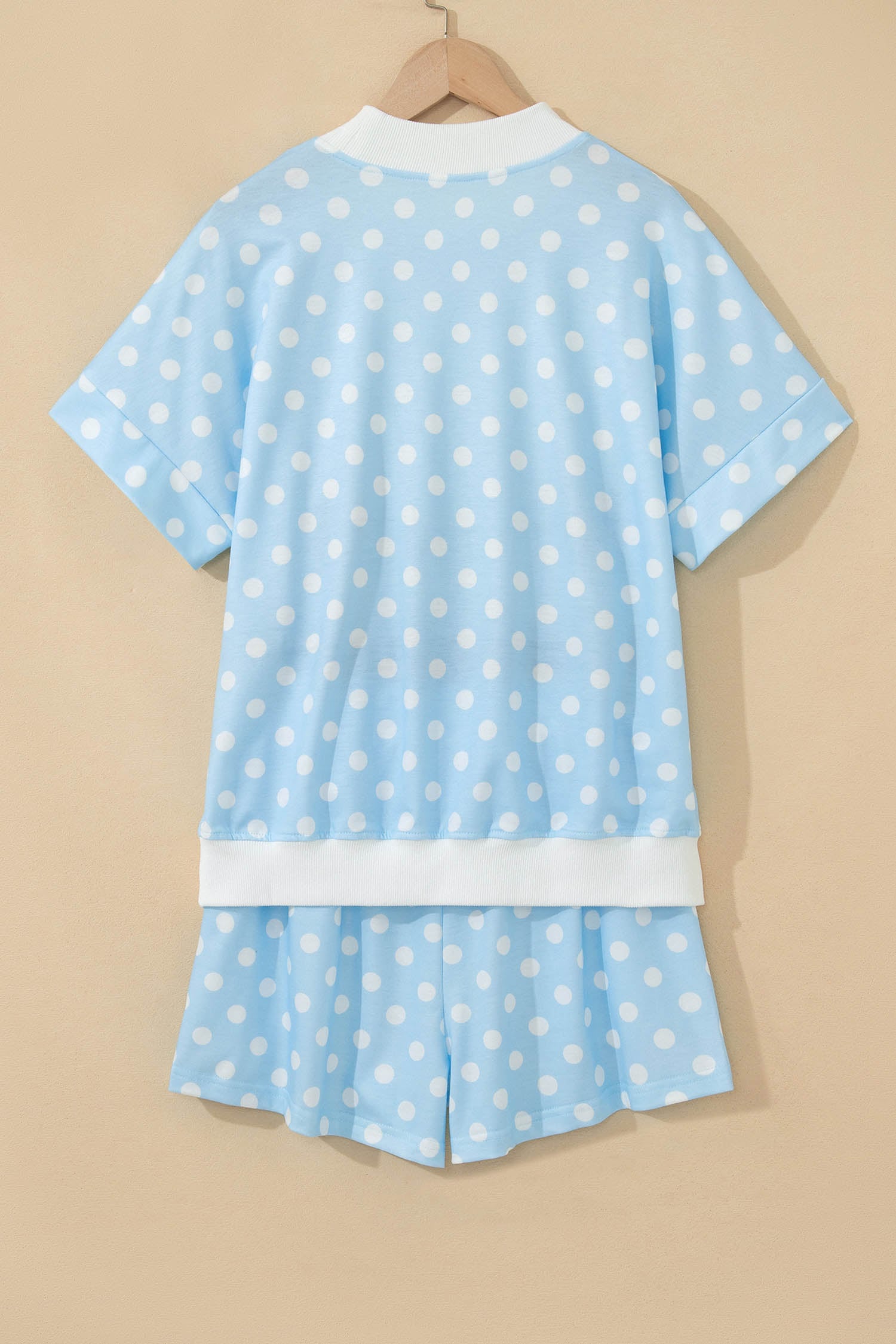 Sky Blue Polka Dot USA Chenille Lettering High Neck Short Sleeve Casual Shorts Set
