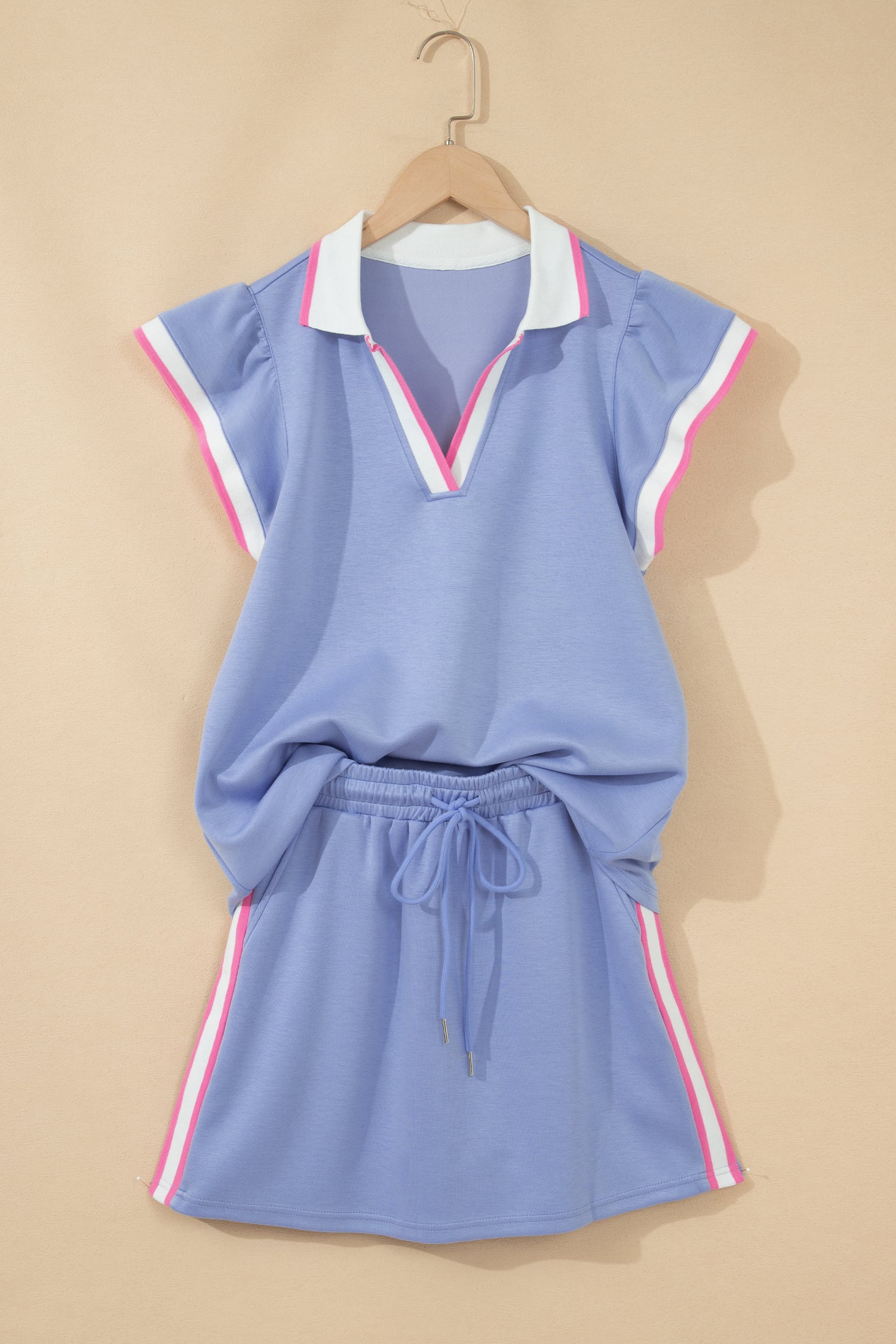 Sky Blue Preppy Striped Trim V Neck Polo Tee Drawstring Skirt Set