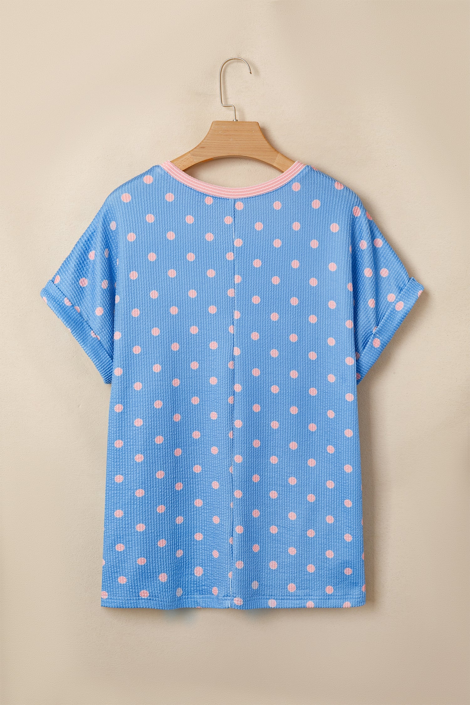 Sky Blue Raised Rib Polka Dot Print Cuffed Short Sleeve Top