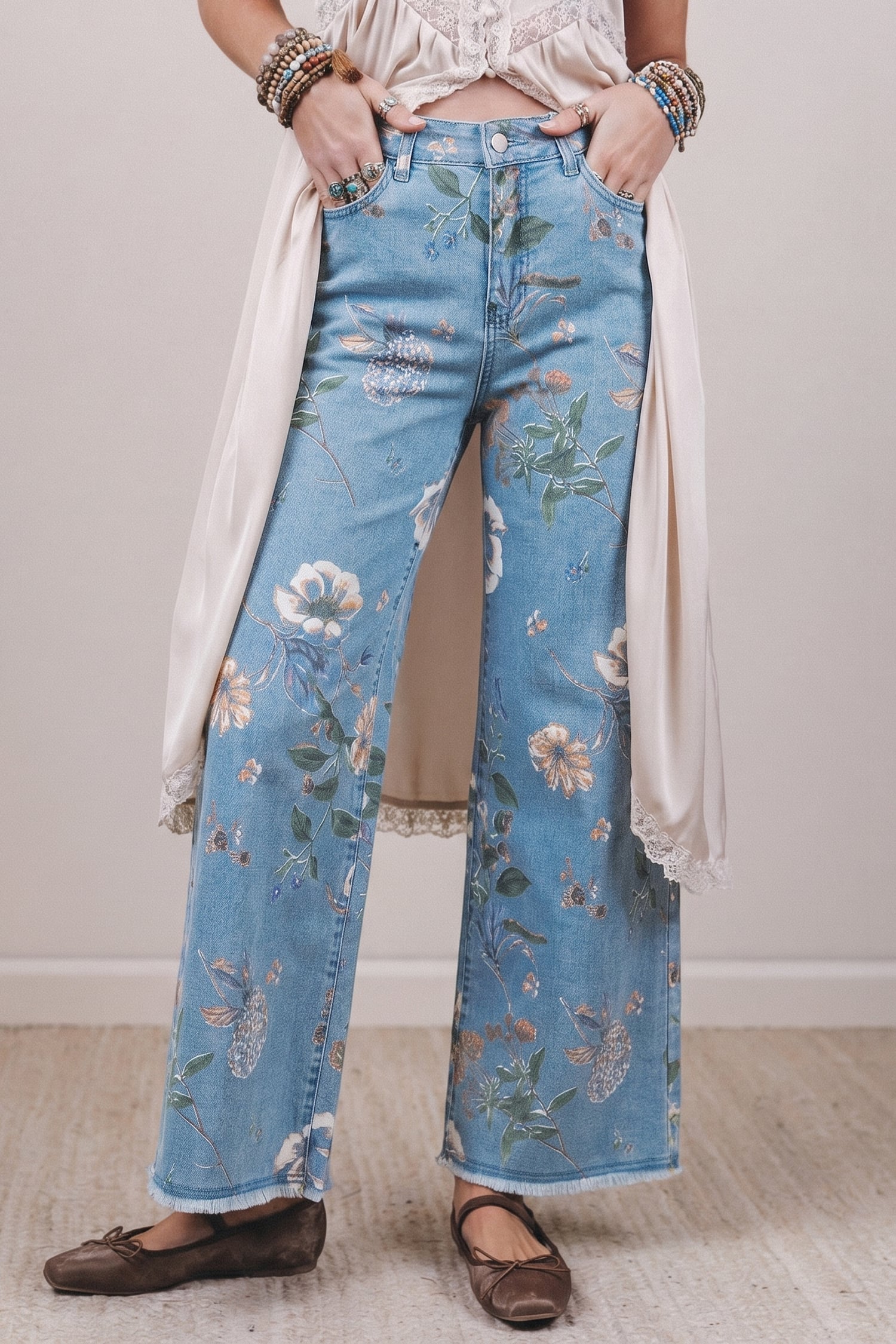 Sky Blue Retro Floral Print Frayed Hem Shift Jeans