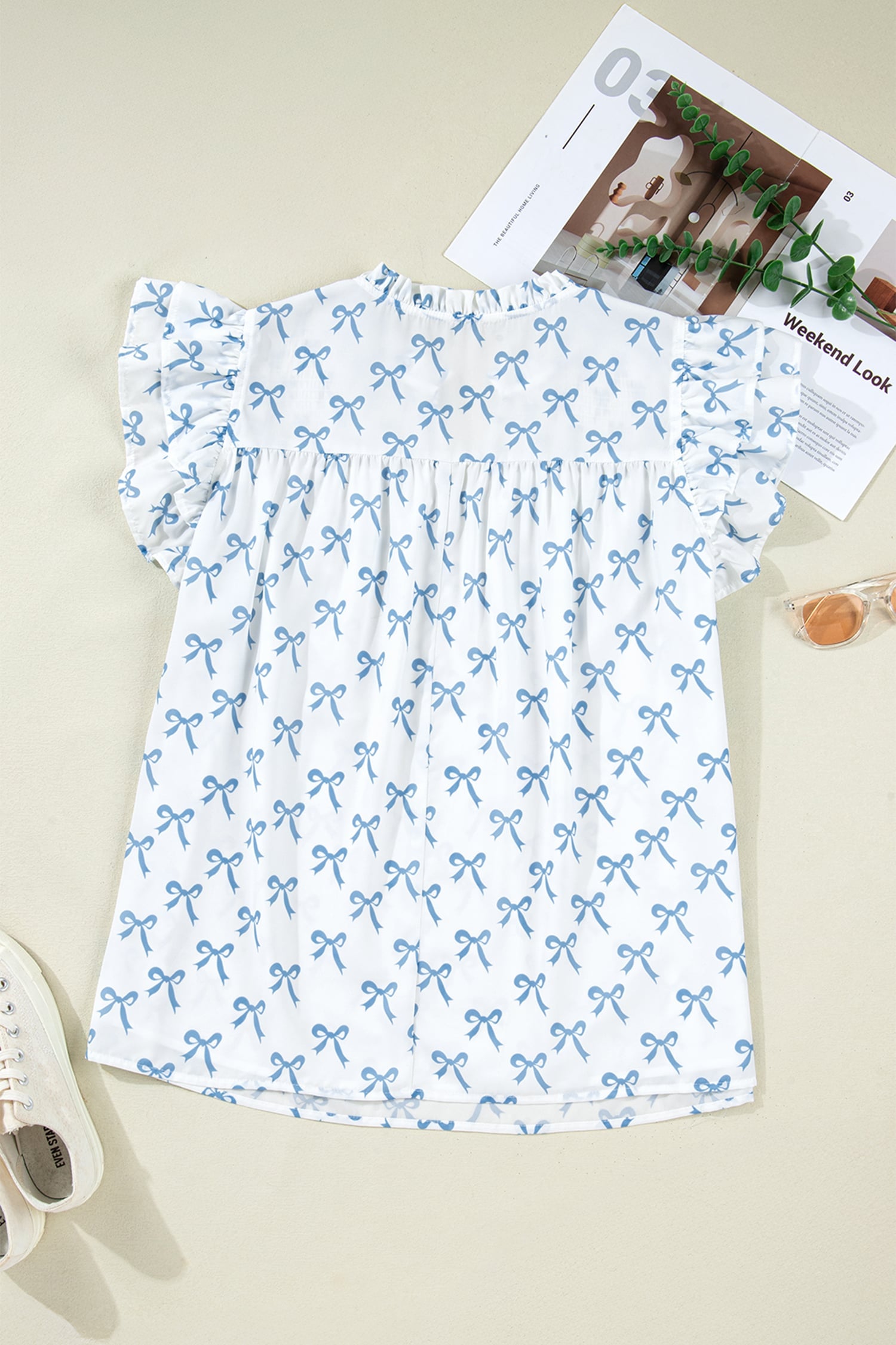 Sky Blue Ruffled Short Sleeve Plus Size Bow Top