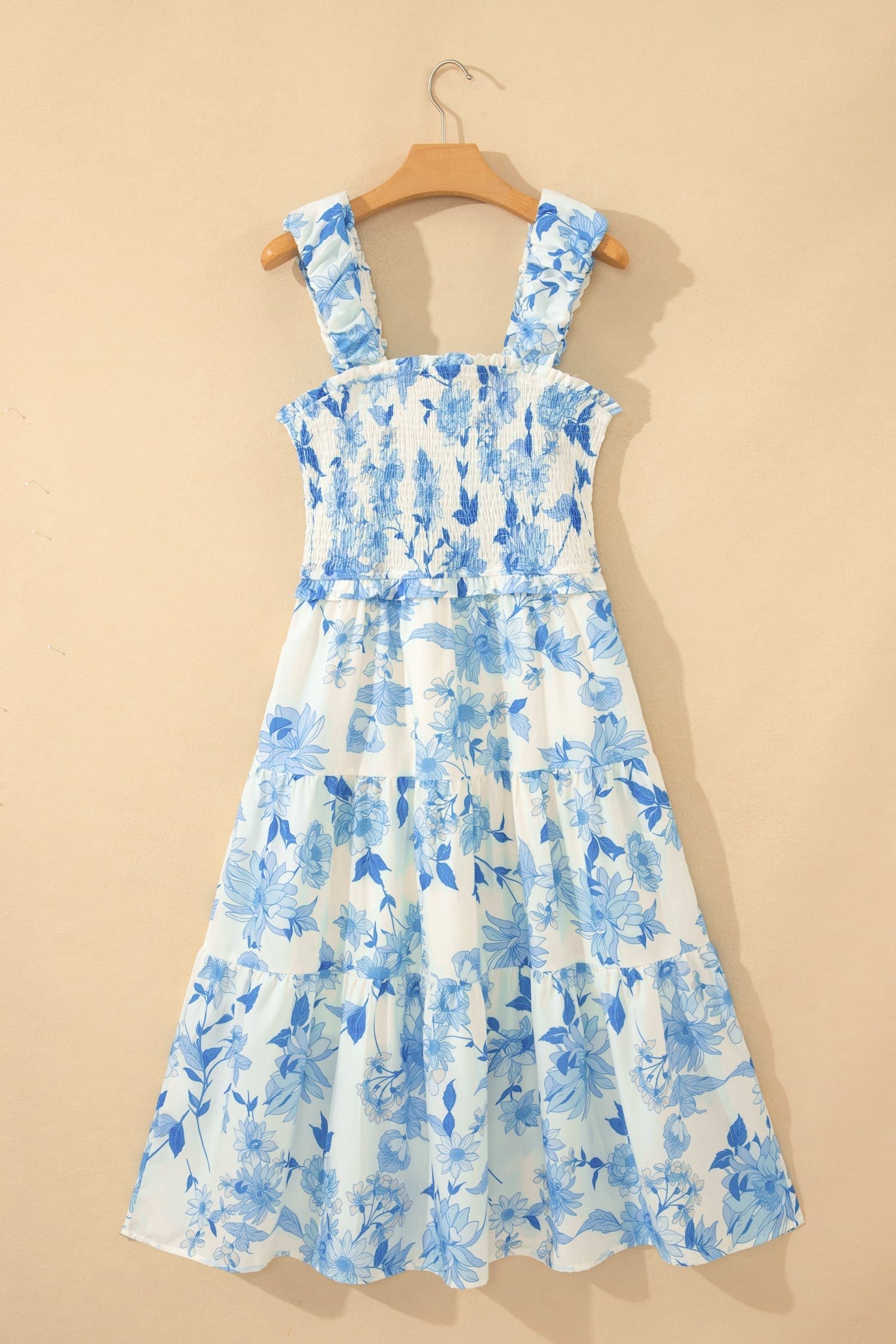 Sky Blue Ruffled Straps Smocked High Waist Floral Maxi Dress