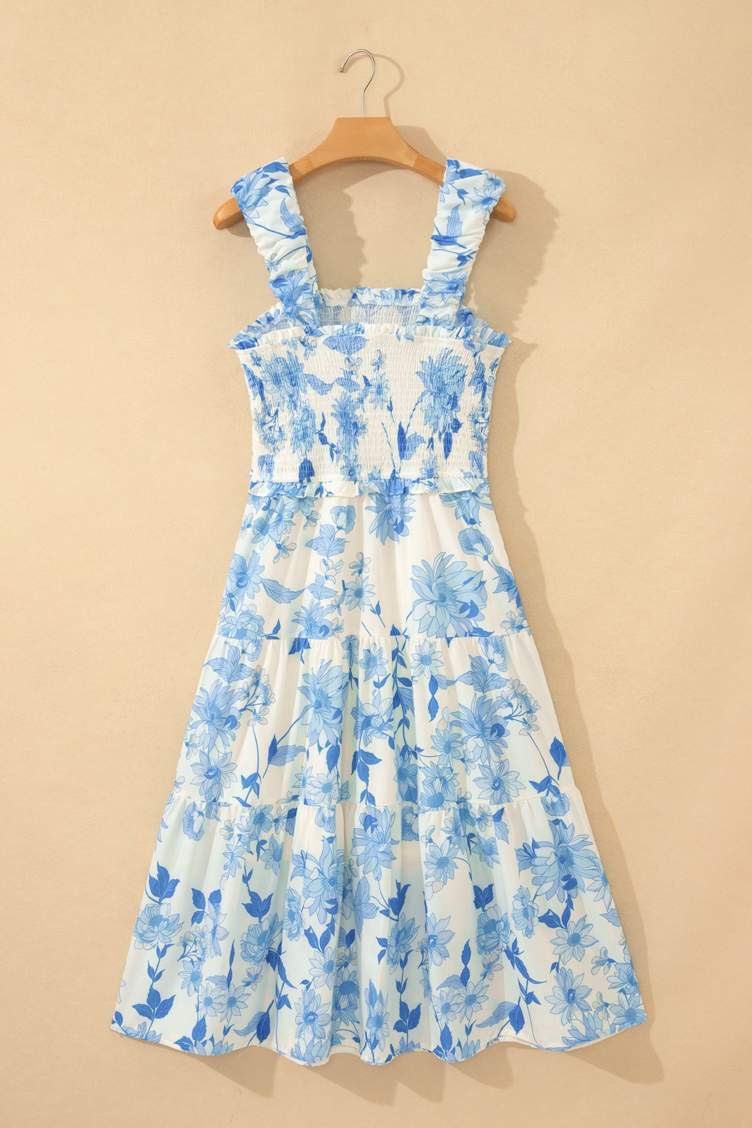 Sky Blue Ruffled Straps Smocked High Waist Floral Maxi Dress