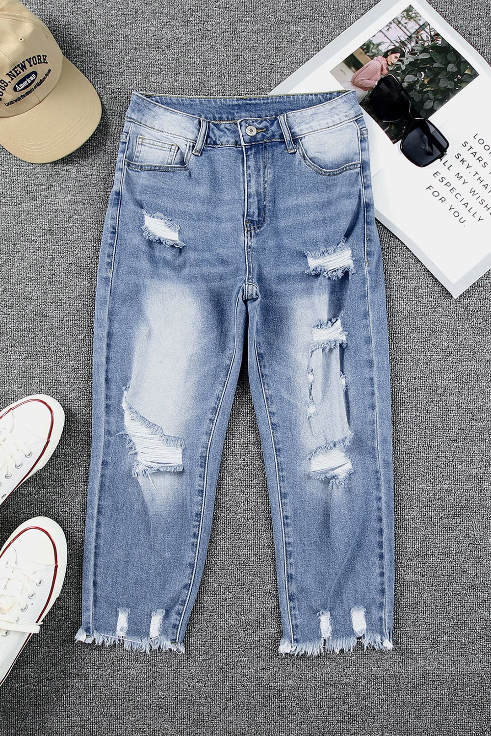 Sky Blue Skinny Distressed Capri Jeans