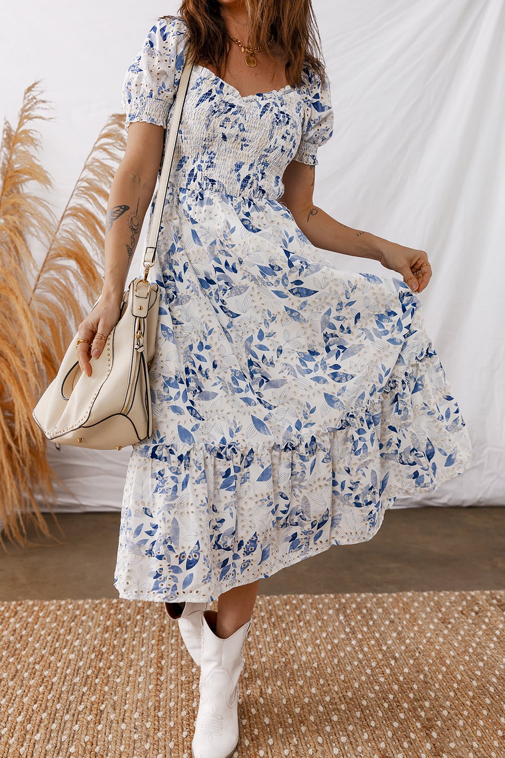 Sky Blue Smocked Bodice Short Puff Sleeve Tiered Floral Midi Dress