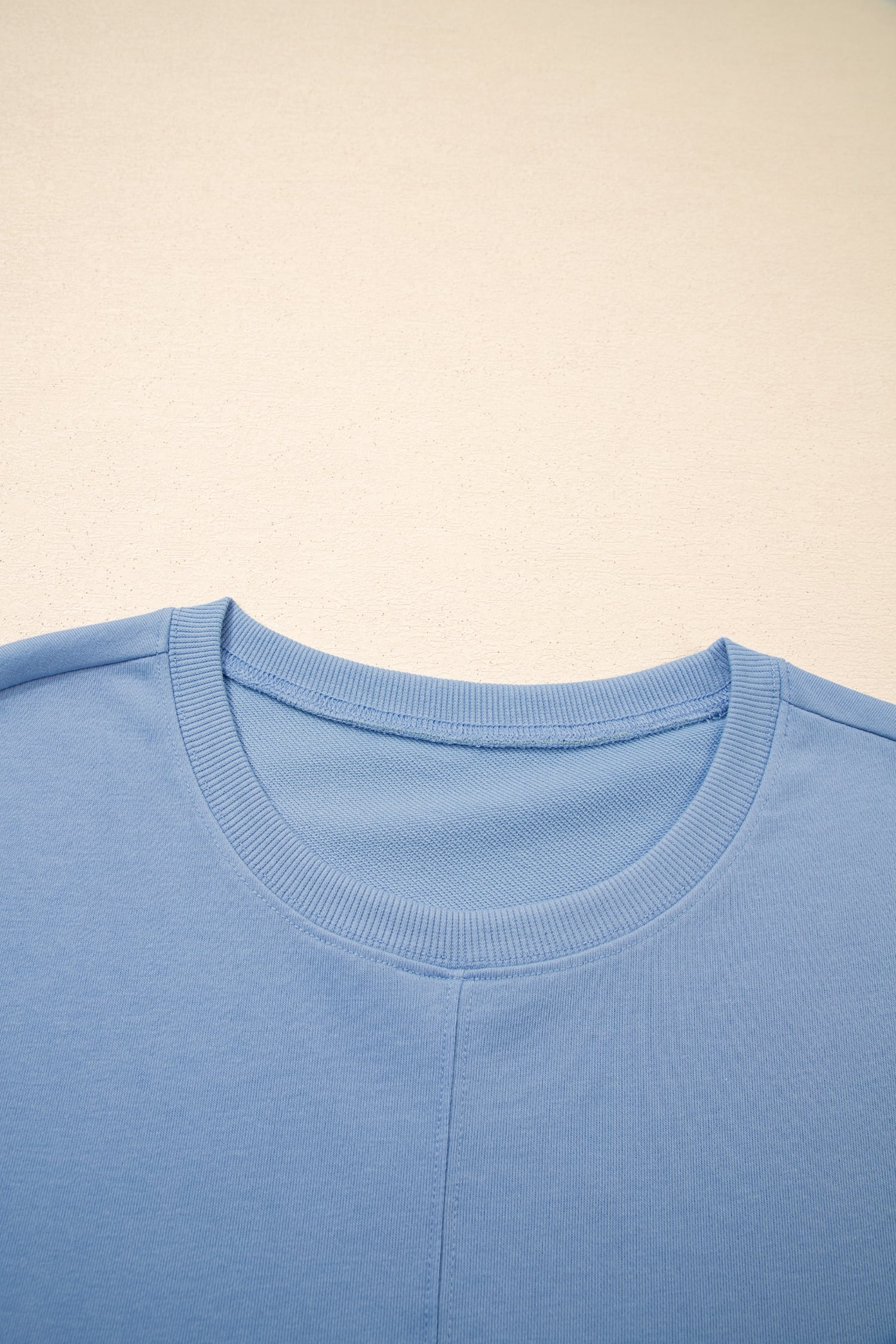 Sky Blue Solid Color Contrast Textured Patchwork Raw Edge 2pcs Short Set