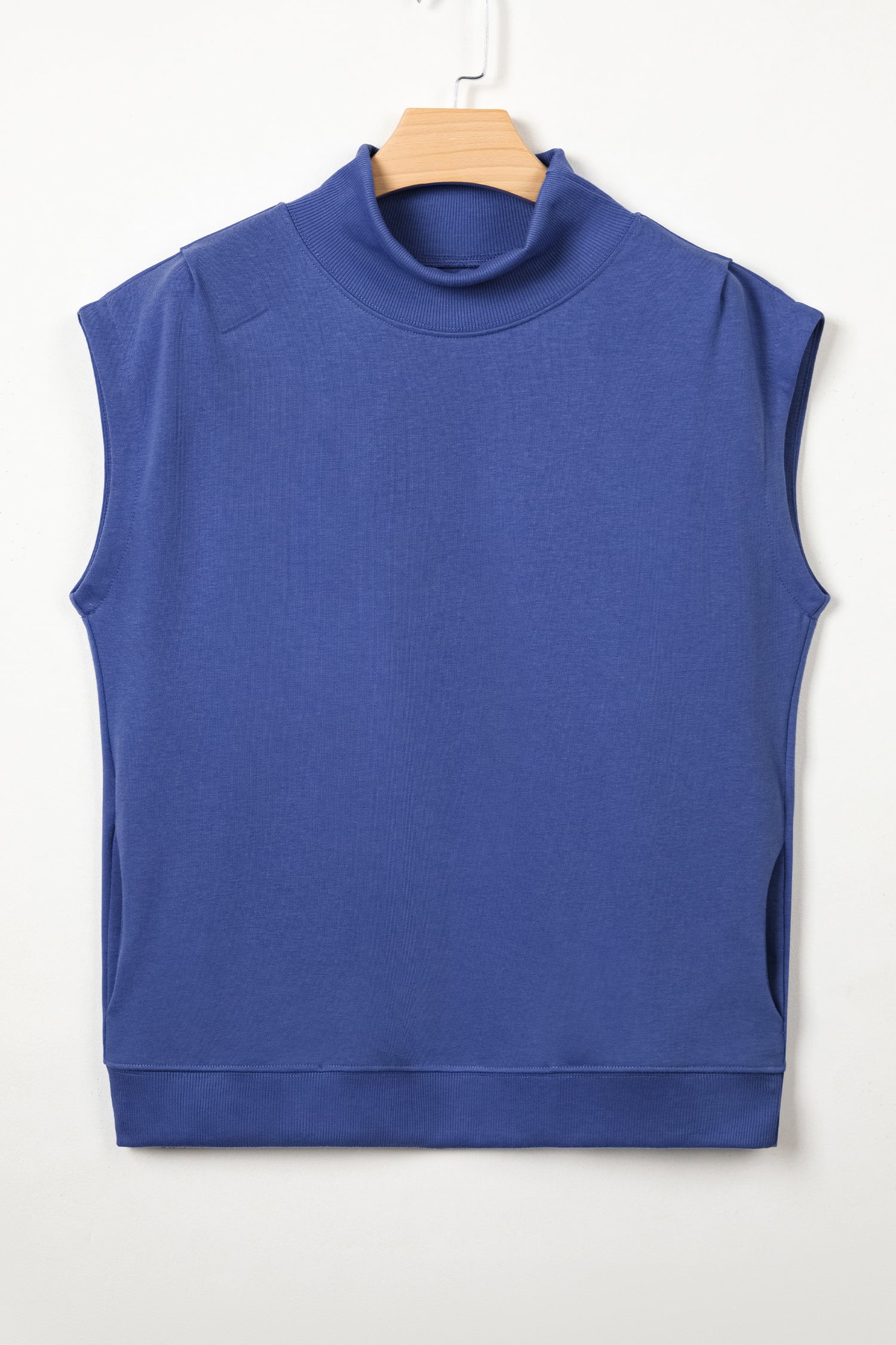 Sky Blue Solid Color High Neck Cap Sleeve Loose Top