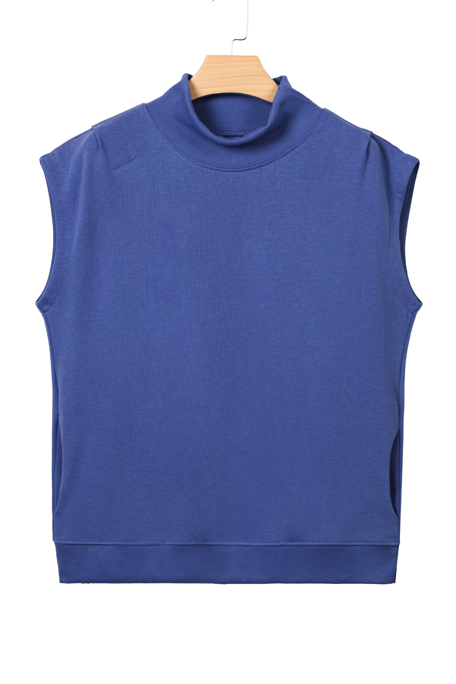 Sky Blue Solid Color High Neck Cap Sleeve Loose Top