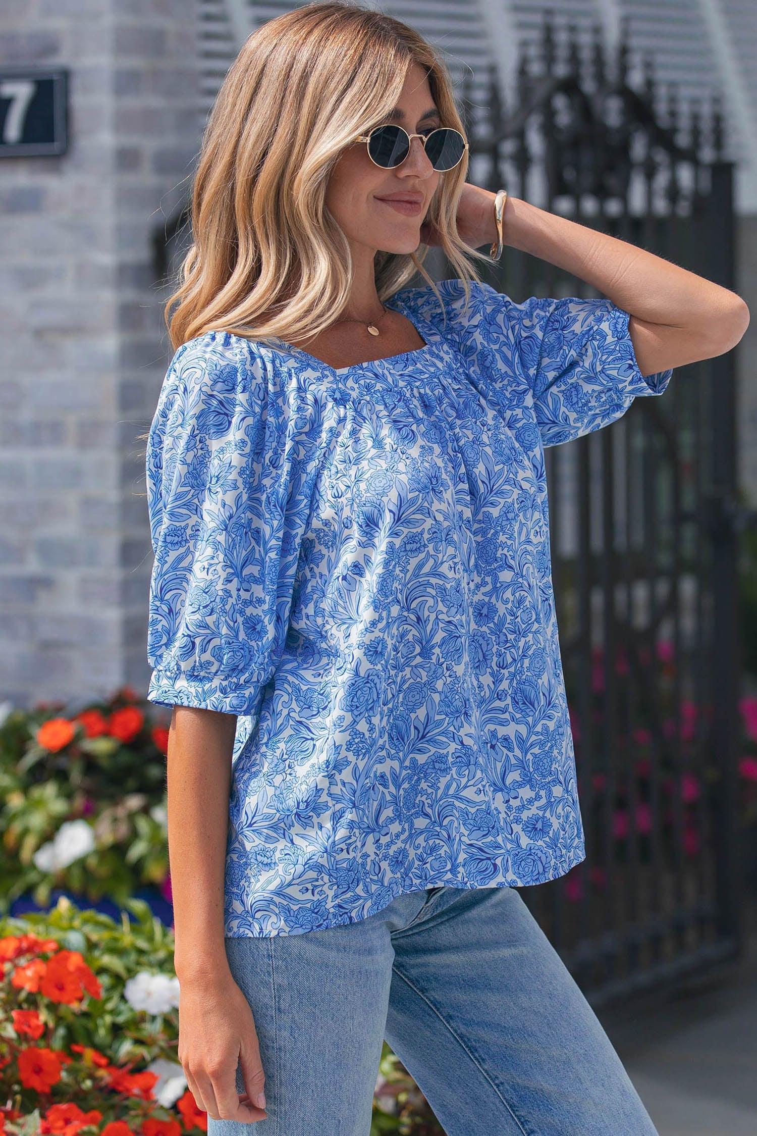 Sky Blue Square Neck Short Puff Sleeve Pleated Floral Blouse