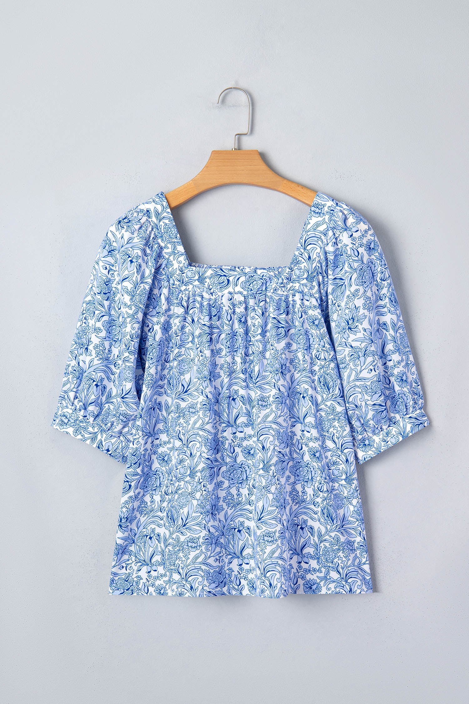 Sky Blue Square Neck Short Puff Sleeve Pleated Floral Blouse