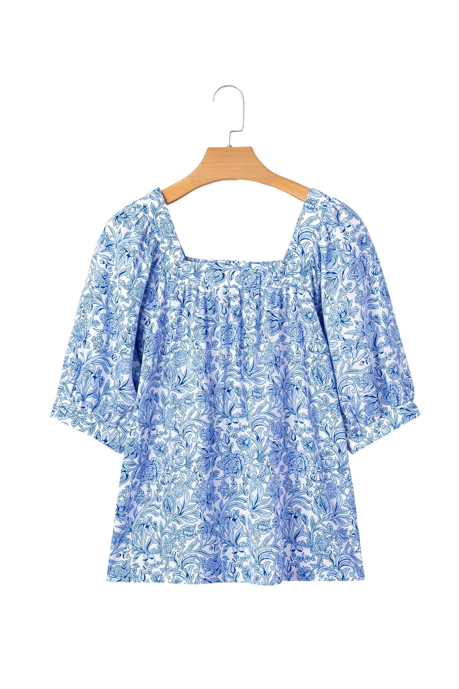 Sky Blue Square Neck Short Puff Sleeve Pleated Floral Blouse