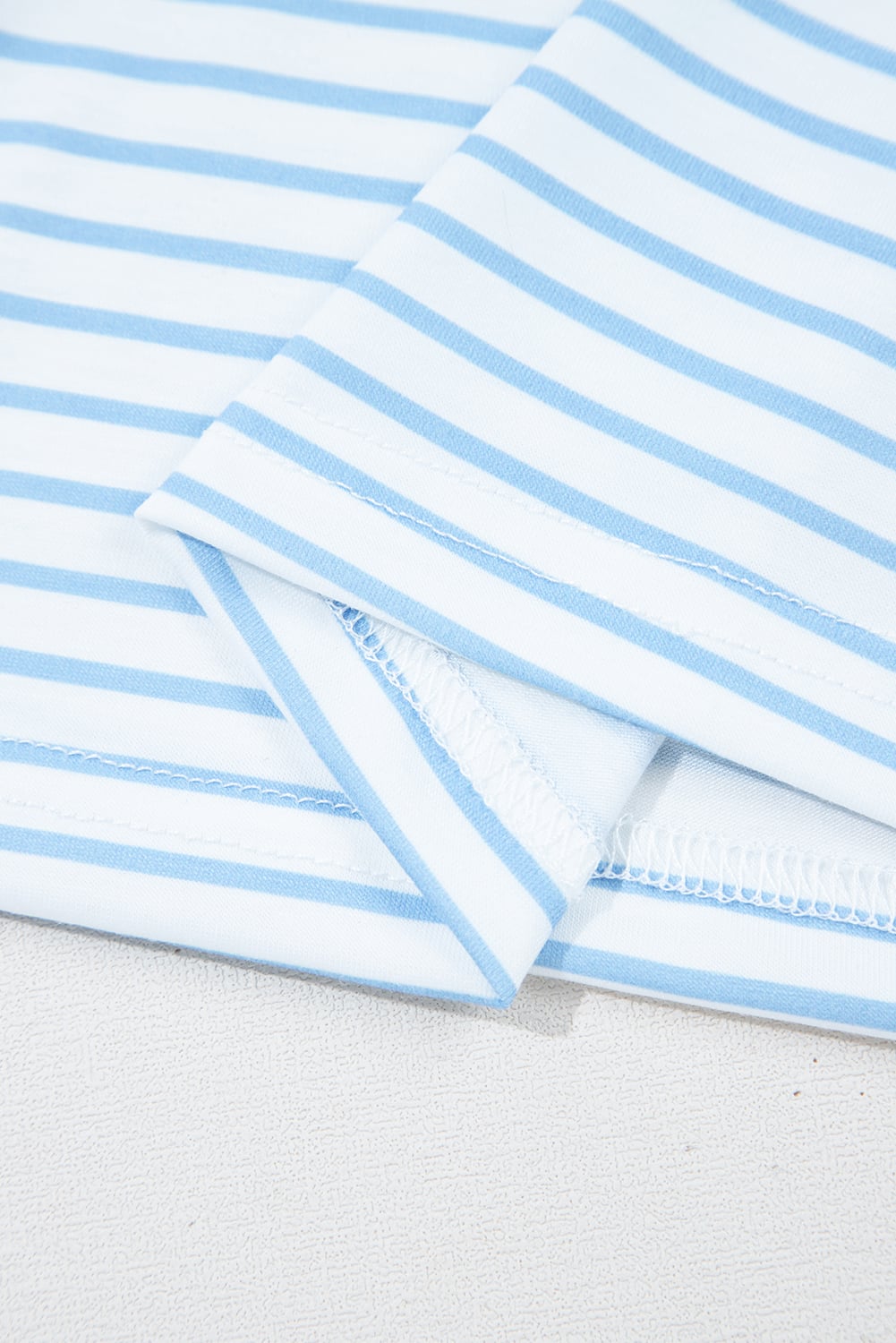 Sky Blue Stripe Floral Three Quarter Sleeves Patchwork Drop Shoulder Top