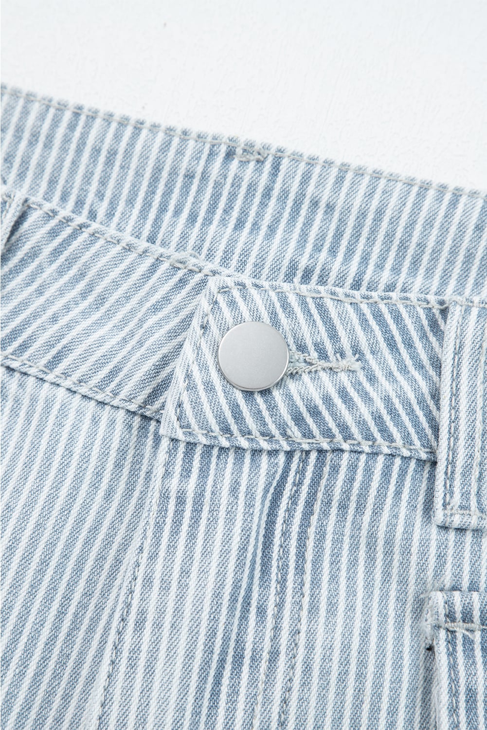 Sky Blue Stripe Button Flap Pocket Cuffed Hem Wide Leg Jeans