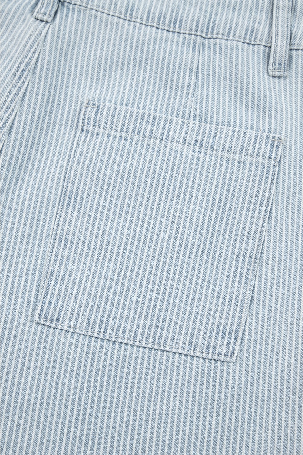 Sky Blue Stripe Button Flap Pocket Cuffed Hem Wide Leg Jeans