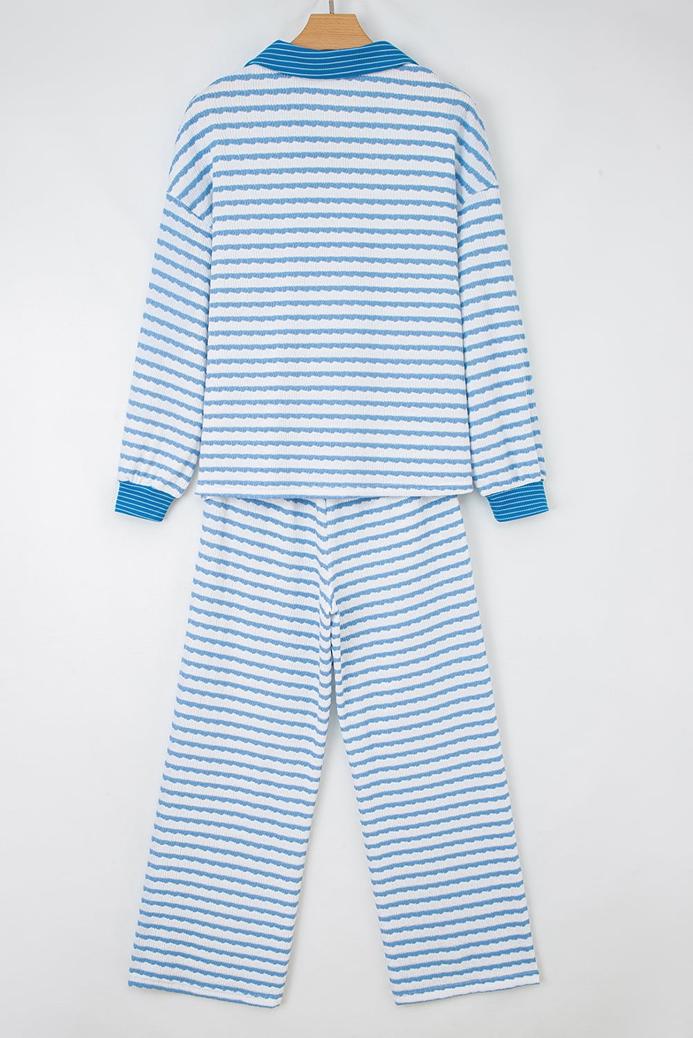 Sky Blue Stripe Collared Pullover Top and Drawstring Pant Set