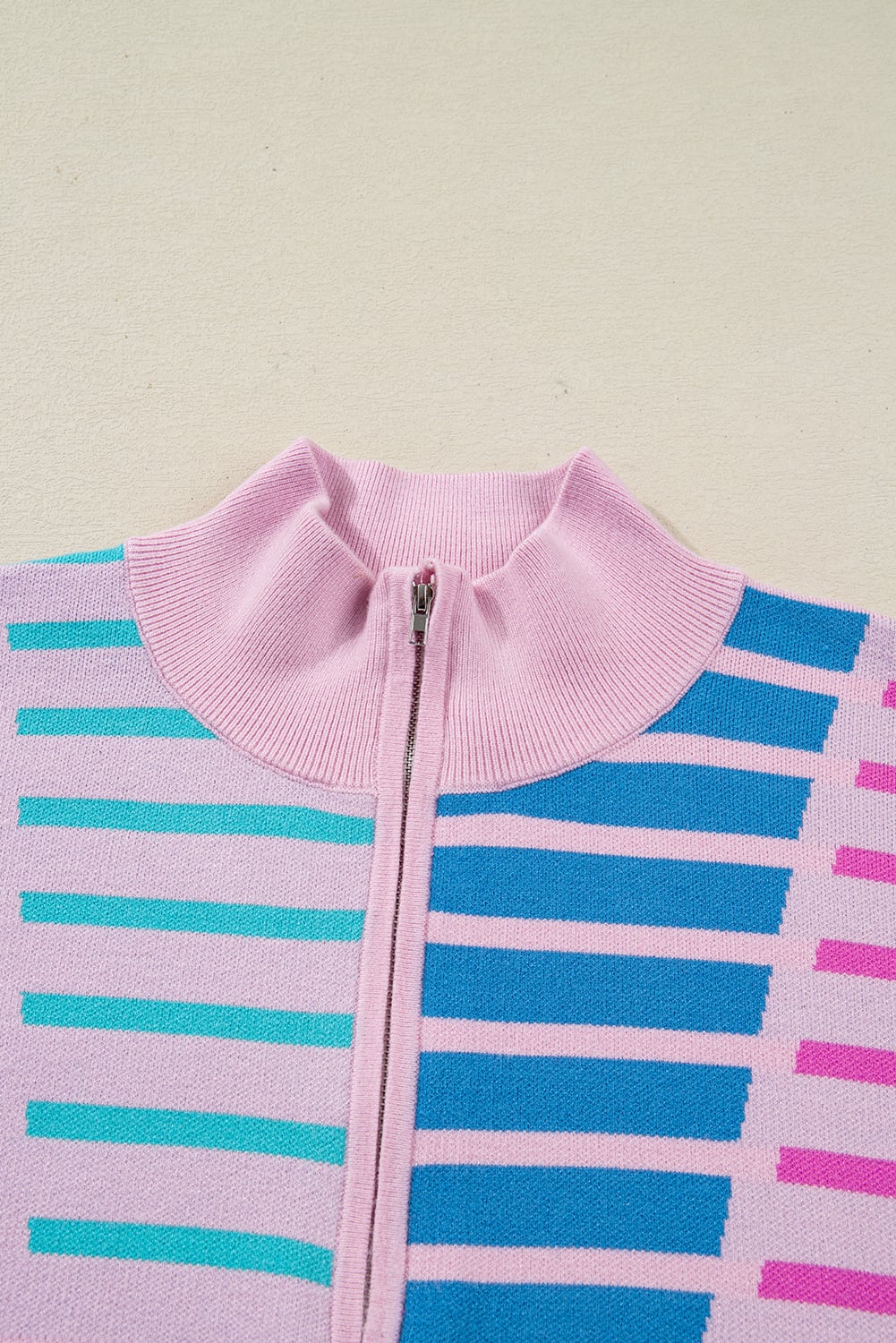 Sky Blue Stripe Colorblock Patchwork Plus Size Half Zip Sweater