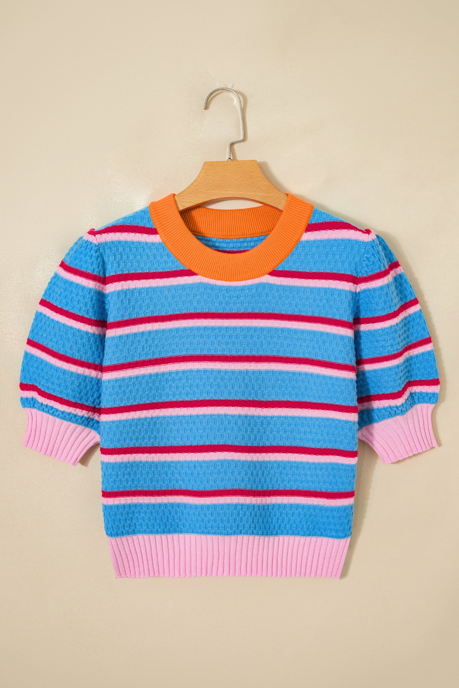 Sky Blue Stripe Colorblock Trim Half Sleeve Sweater Top