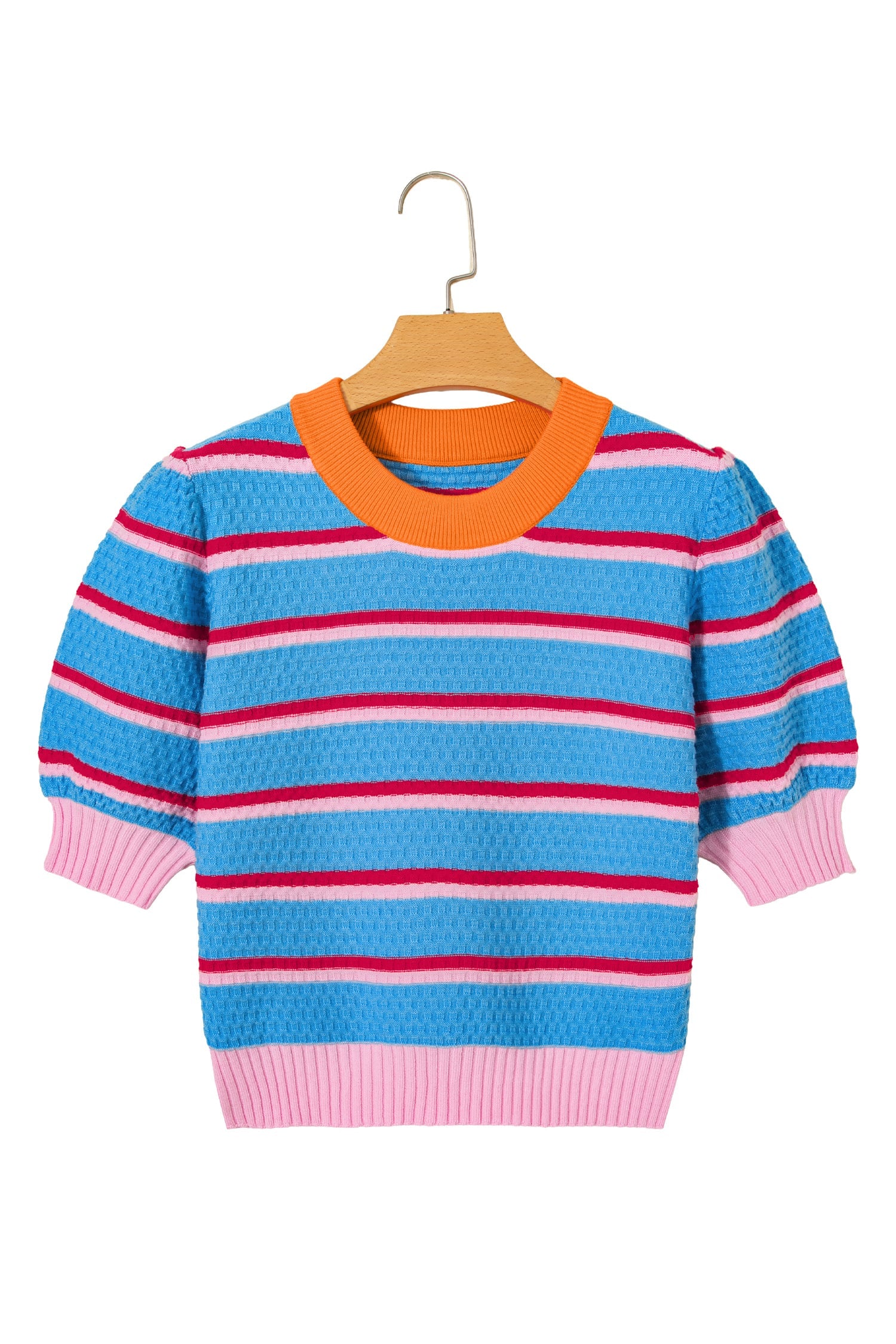 Sky Blue Stripe Colorblock Trim Half Sleeve Sweater Top