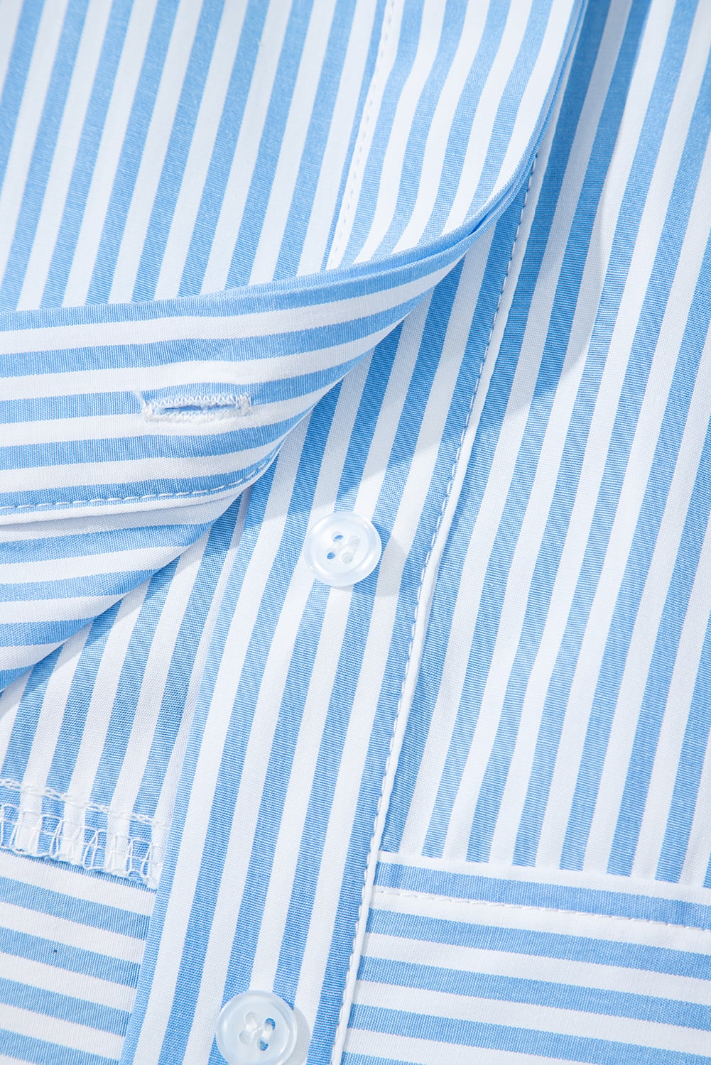 Sky Blue Stripe Contrast Collar Patchwork Hidden Button Short Sleeve Summer Shirt