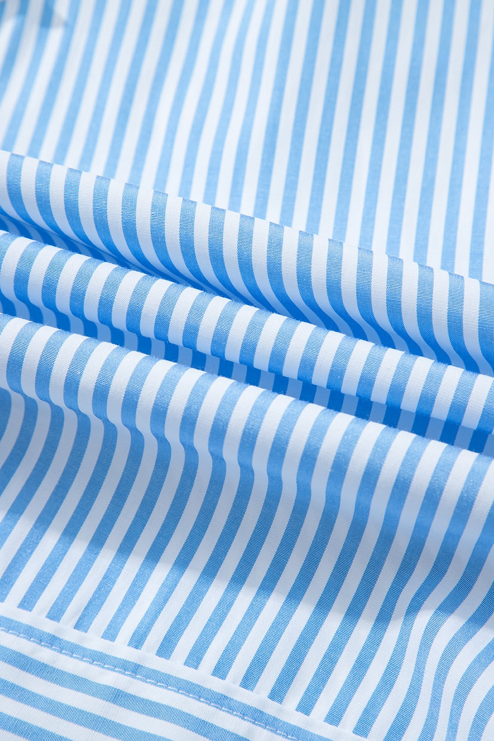 Sky Blue Stripe Contrast Collar Patchwork Hidden Button Short Sleeve Summer Shirt
