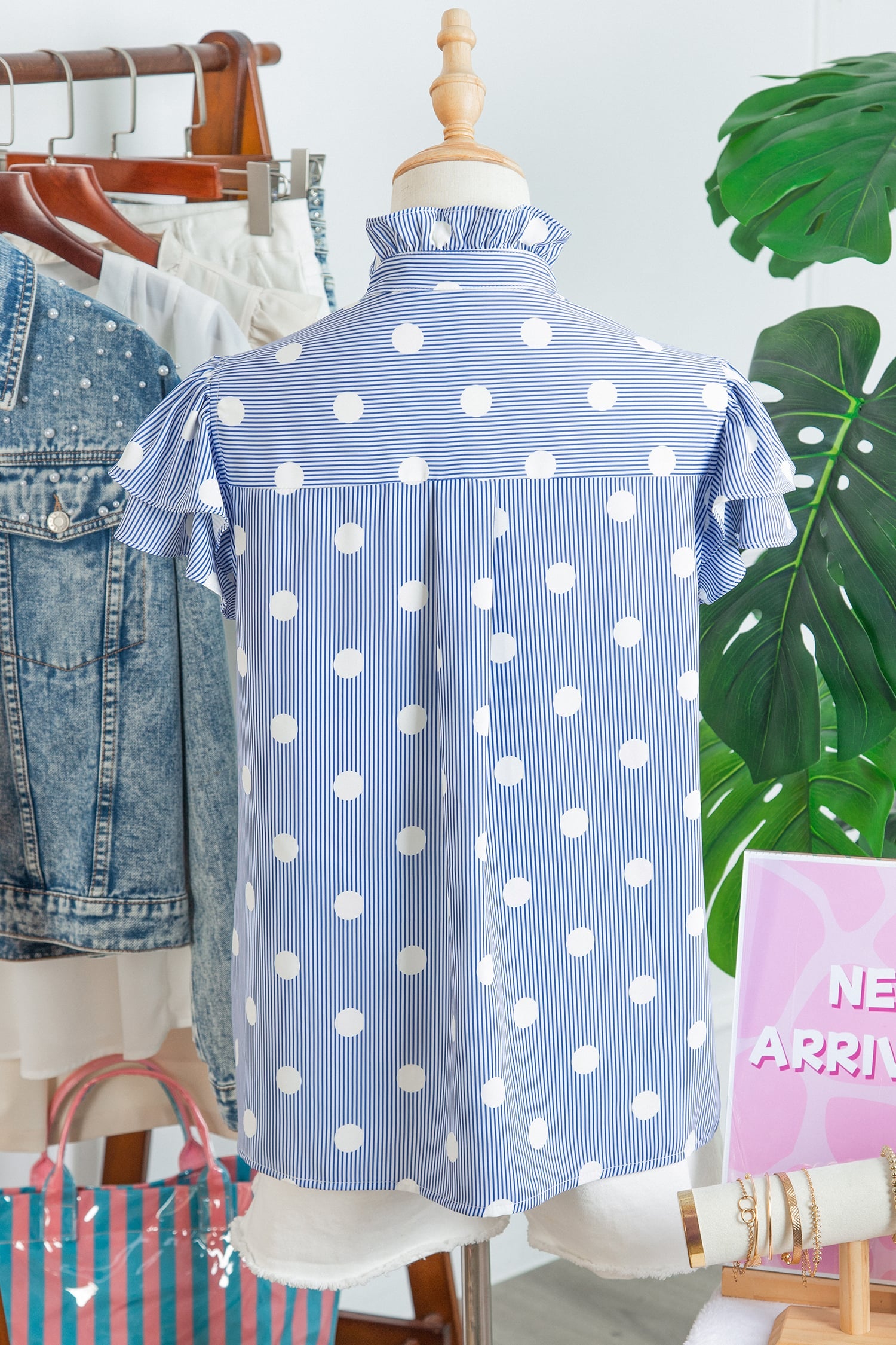 Sky Blue Stripe Contrast Polka Dot Print Pleated Ruffle Sleeve Shirt