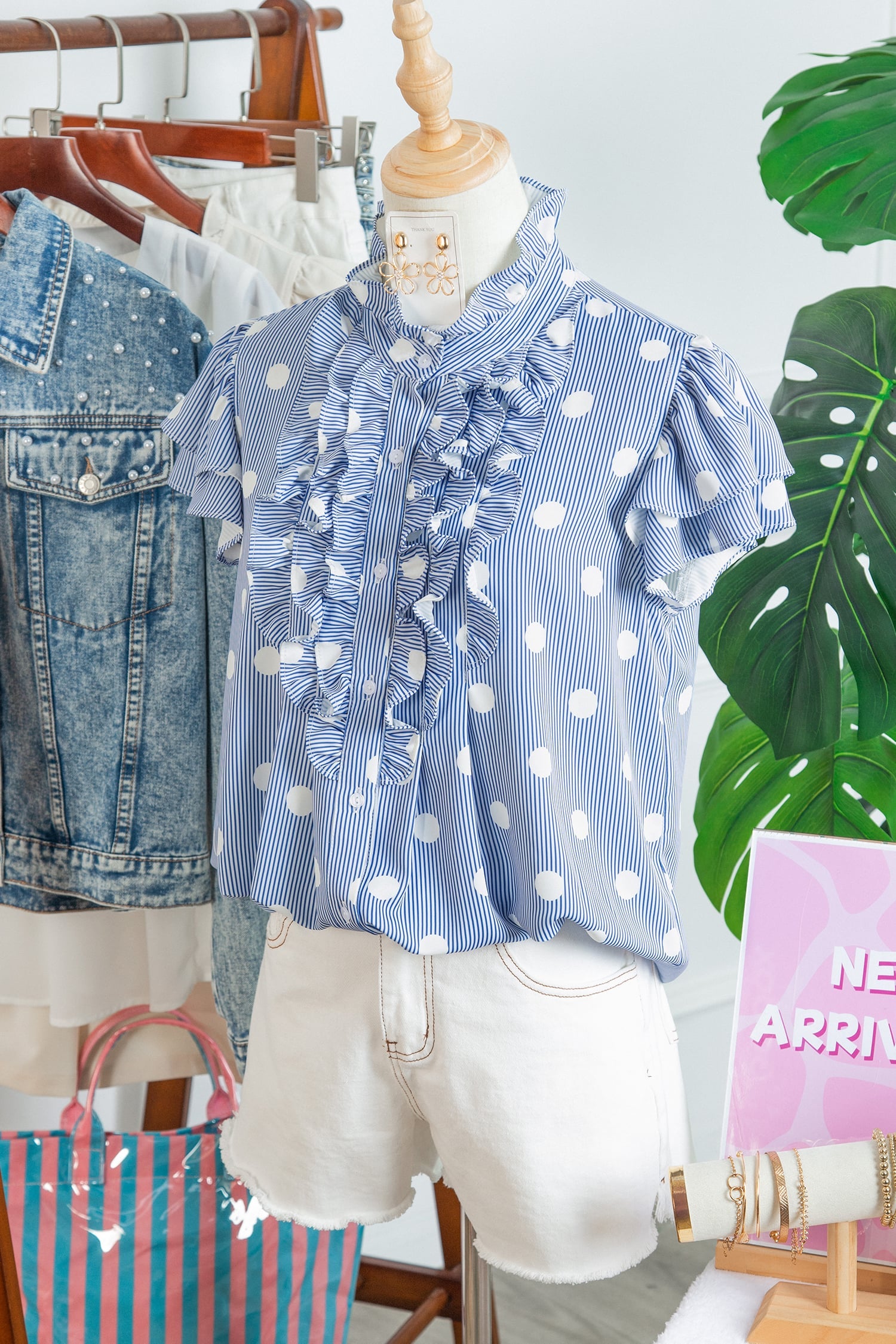 Sky Blue Stripe Contrast Polka Dot Print Pleated Ruffle Sleeve Shirt