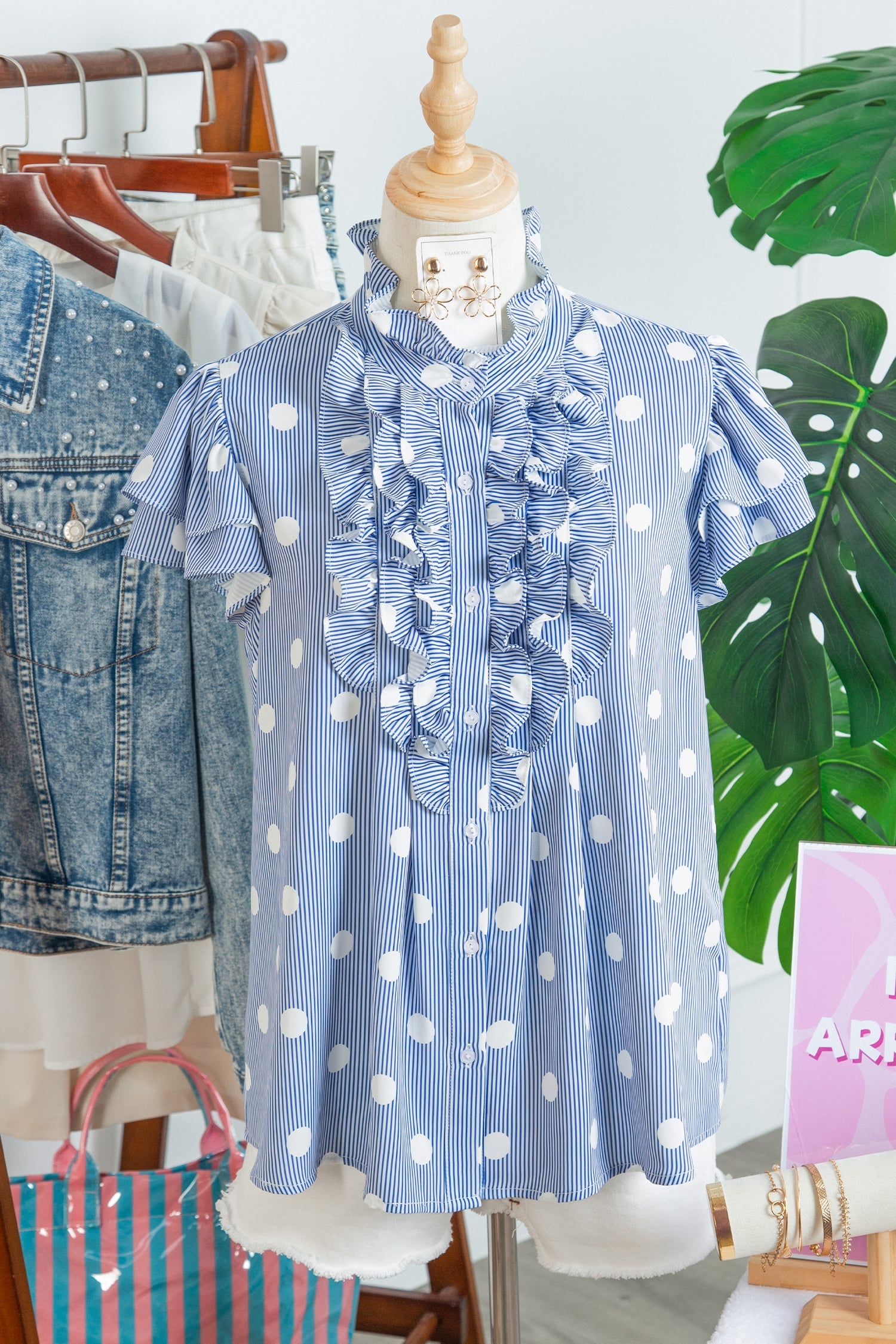 Sky Blue Stripe Contrast Polka Dot Print Pleated Ruffle Sleeve Shirt