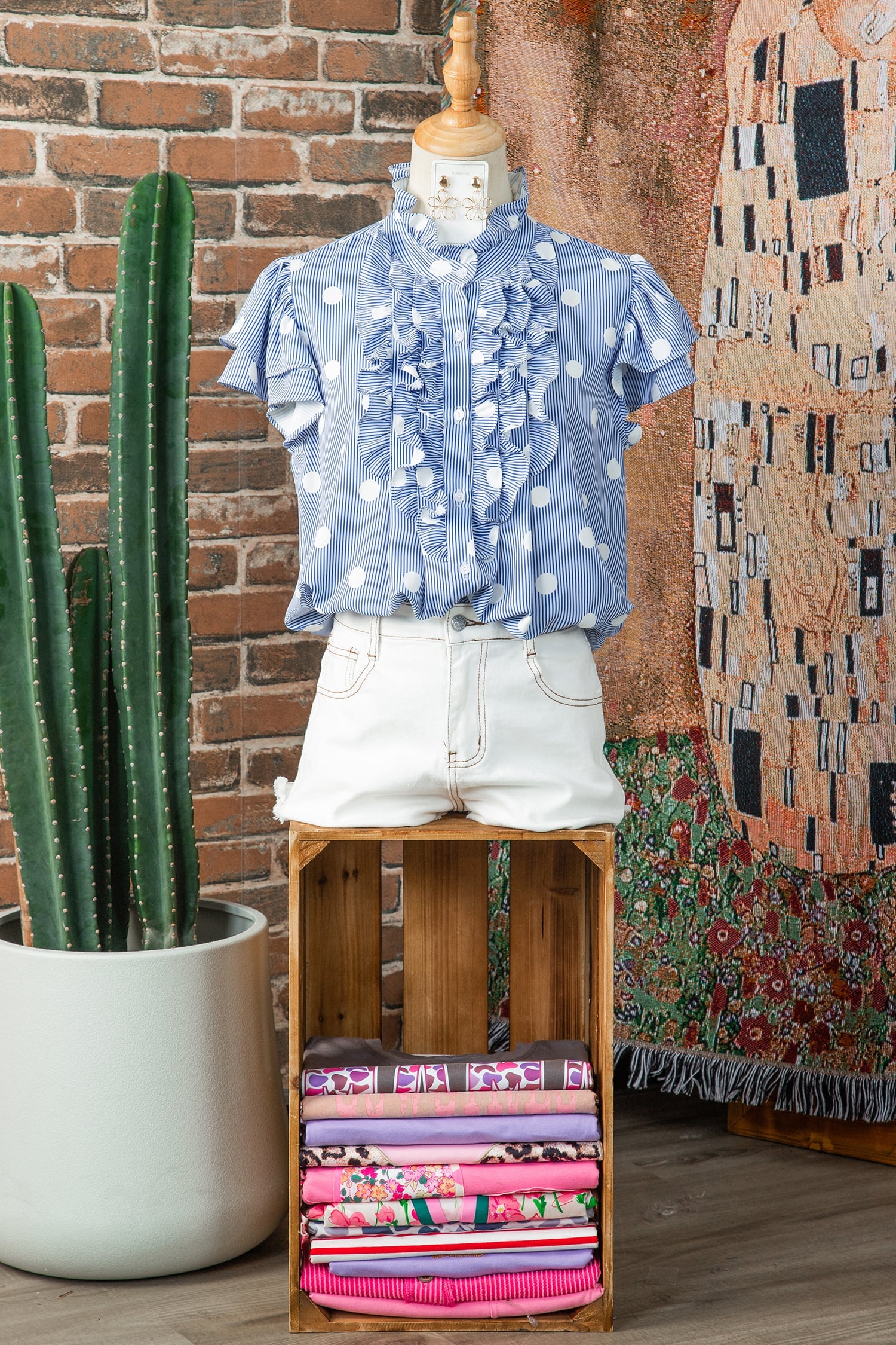 Sky Blue Stripe Contrast Polka Dot Print Pleated Ruffle Sleeve Shirt