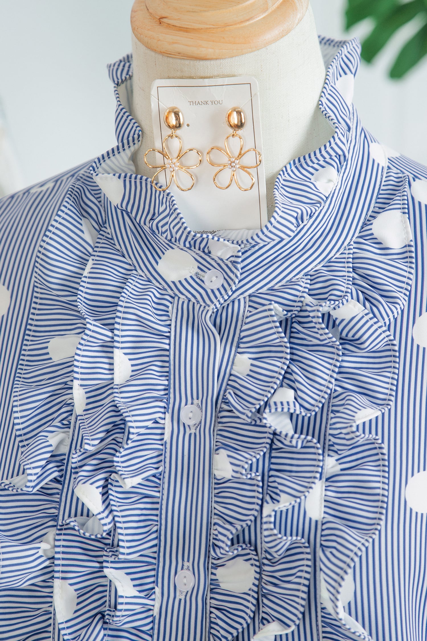 Sky Blue Stripe Contrast Polka Dot Print Pleated Ruffle Sleeve Shirt