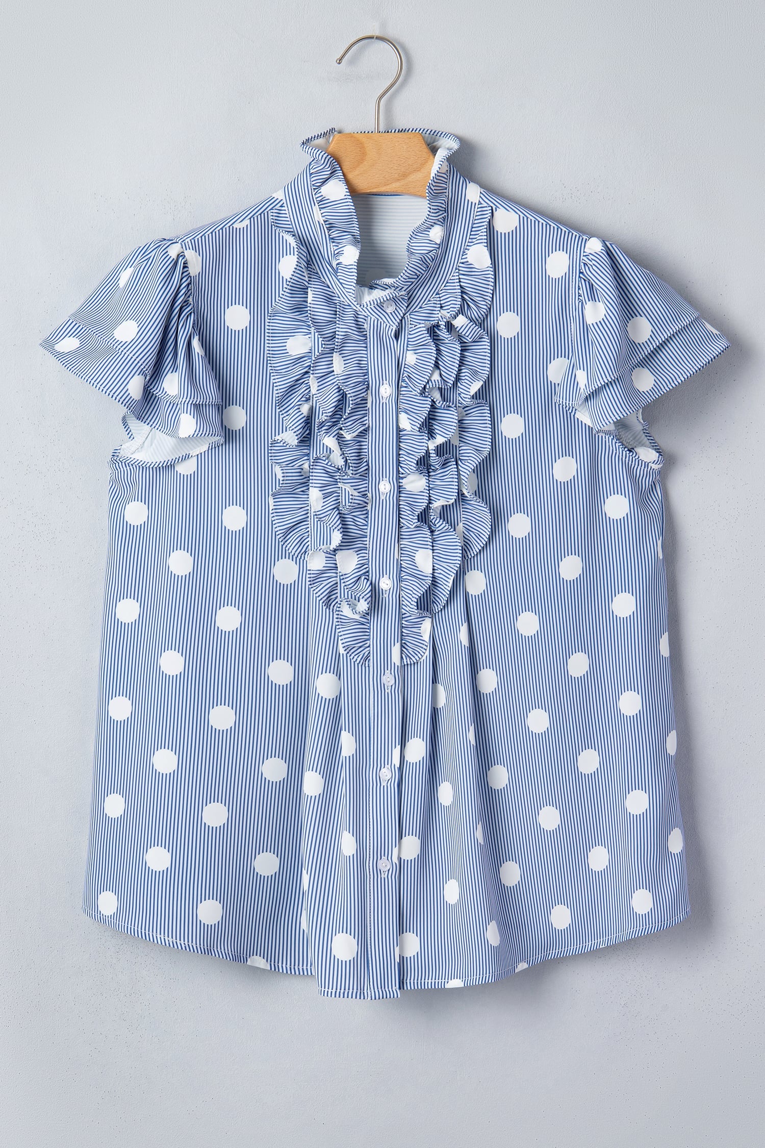 Sky Blue Stripe Contrast Polka Dot Print Pleated Ruffle Sleeve Shirt